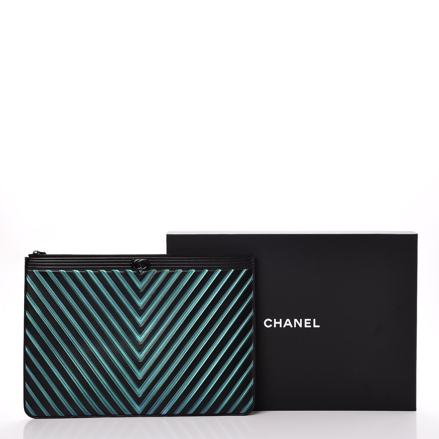 Chanel Calfskin Painted Chevron Embossed Boy Zip Pouch Black 8 of 8