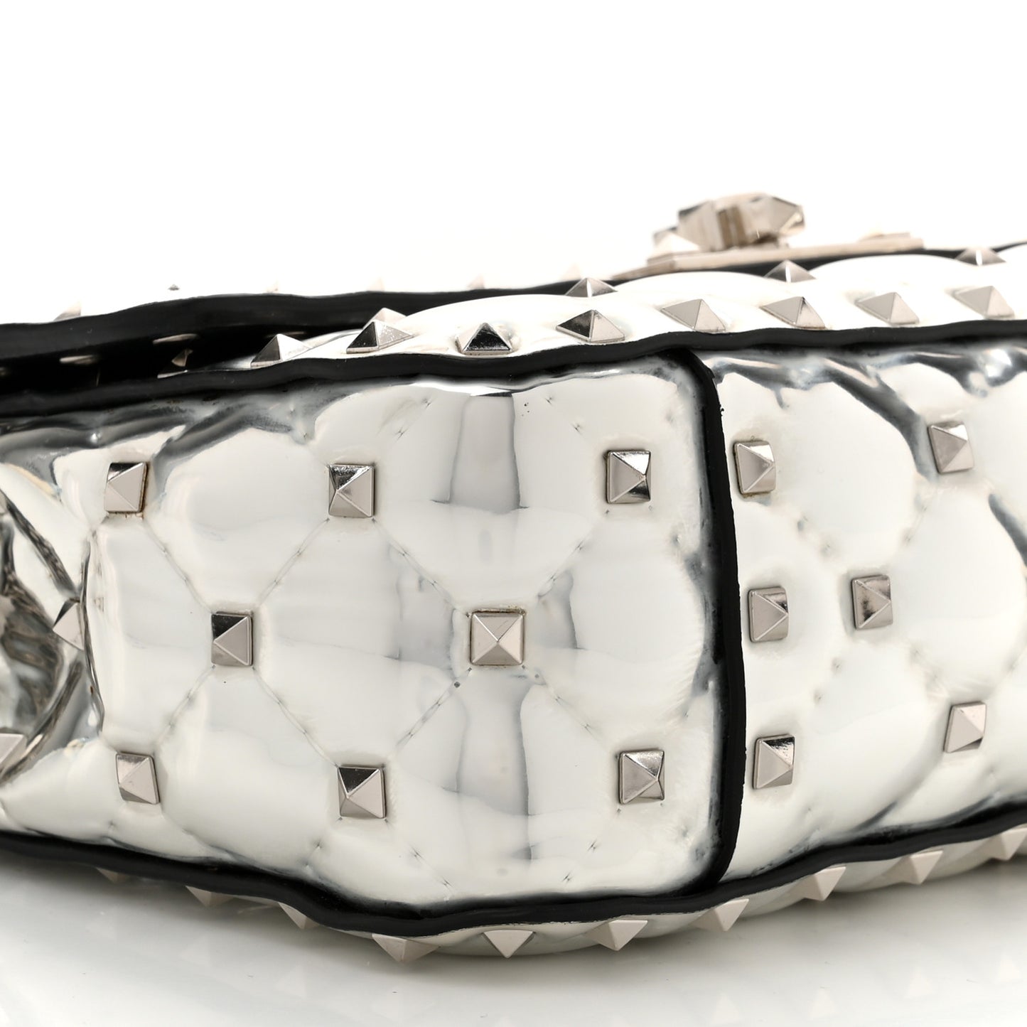 Metallic Patent Quilted Small Rockstud Spike Shoulder Bag Silver