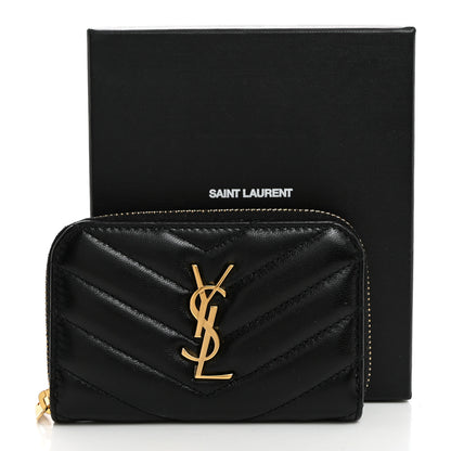 Saint Laurent Lambskin Matelasse Chevron Monogram Cassandre Compact Zip Around Card Wallet Black 8 of 8