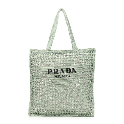 Prada Yarn Raffia Effect Crochet Logo Embroidered Tote Bag Acqua 1 of 10