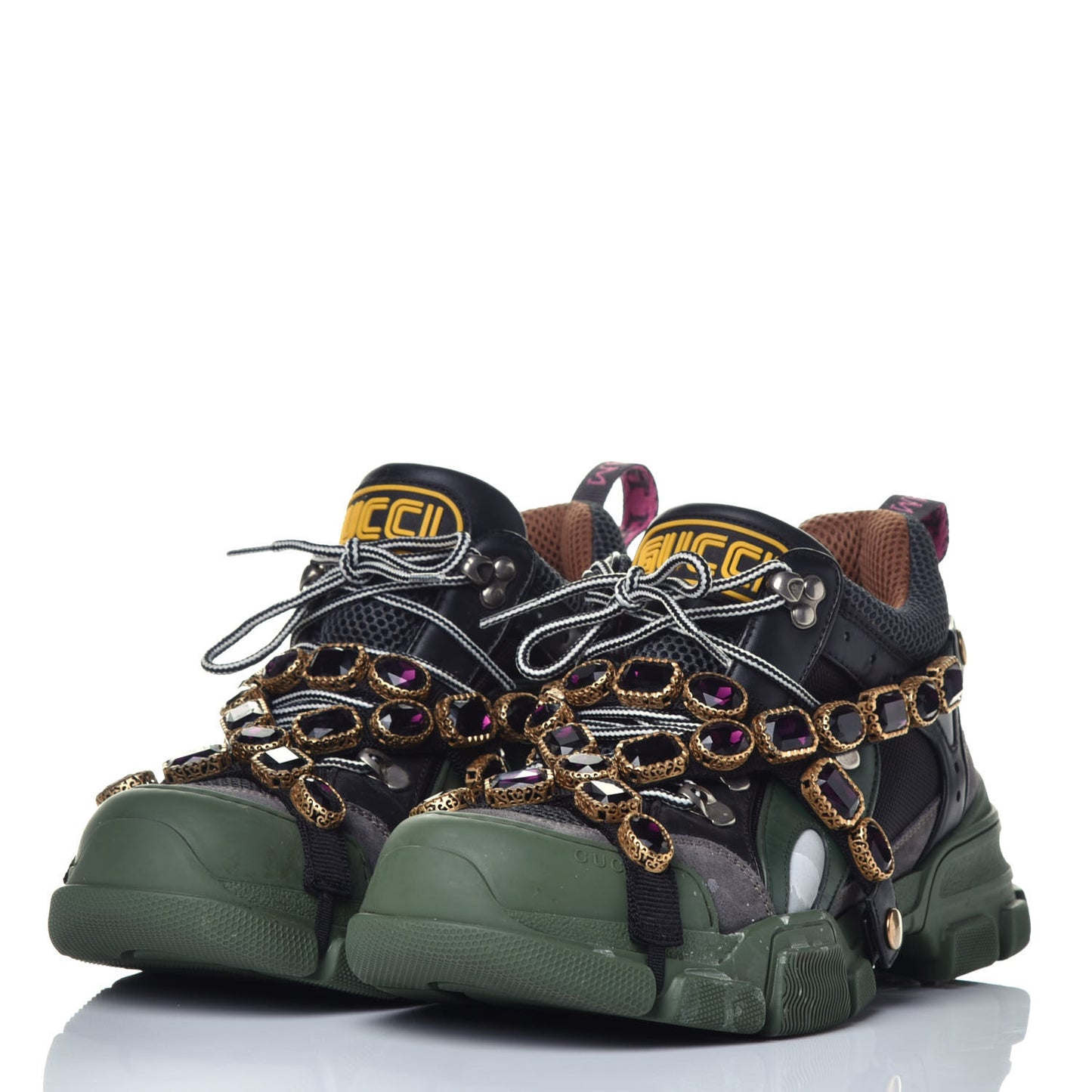 X SEGA Mesh Suede Calfskin Removable Crystals Flashtrek Sneakers 41 Loess Black Olive Green