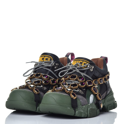 Gucci X SEGA Mesh Suede Calfskin Removable Crystals Flashtrek Sneakers 41 Loess Black Olive Green 4 of 8