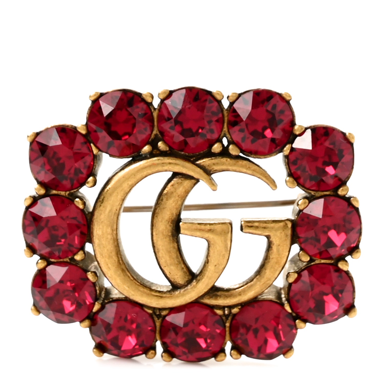 Gucci Metal Crystal Double G Brooch Aged Gold Red 1 of 5