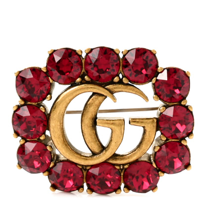 Gucci Metal Crystal Double G Brooch Aged Gold Red 1 of 5
