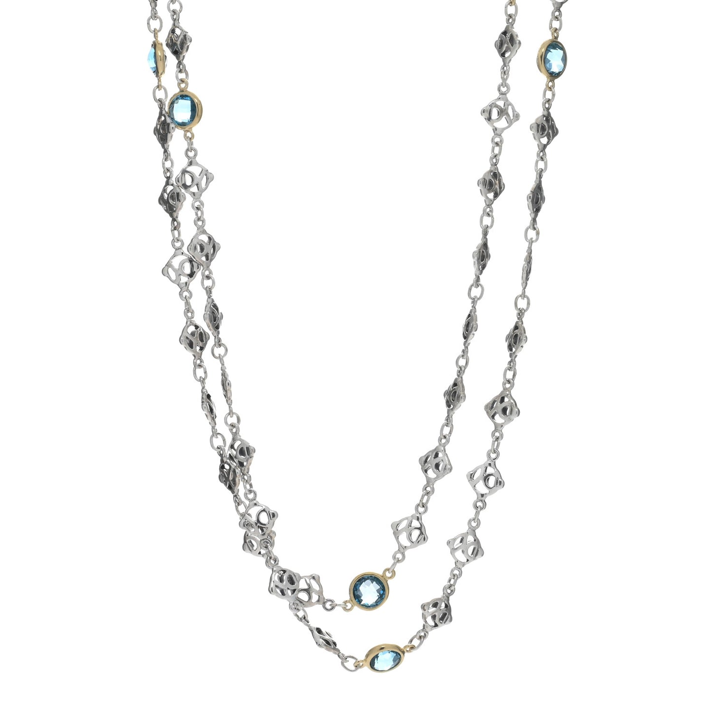 Sterling Silver 18K Yellow Gold Blue Topaz Logo Chain Necklace