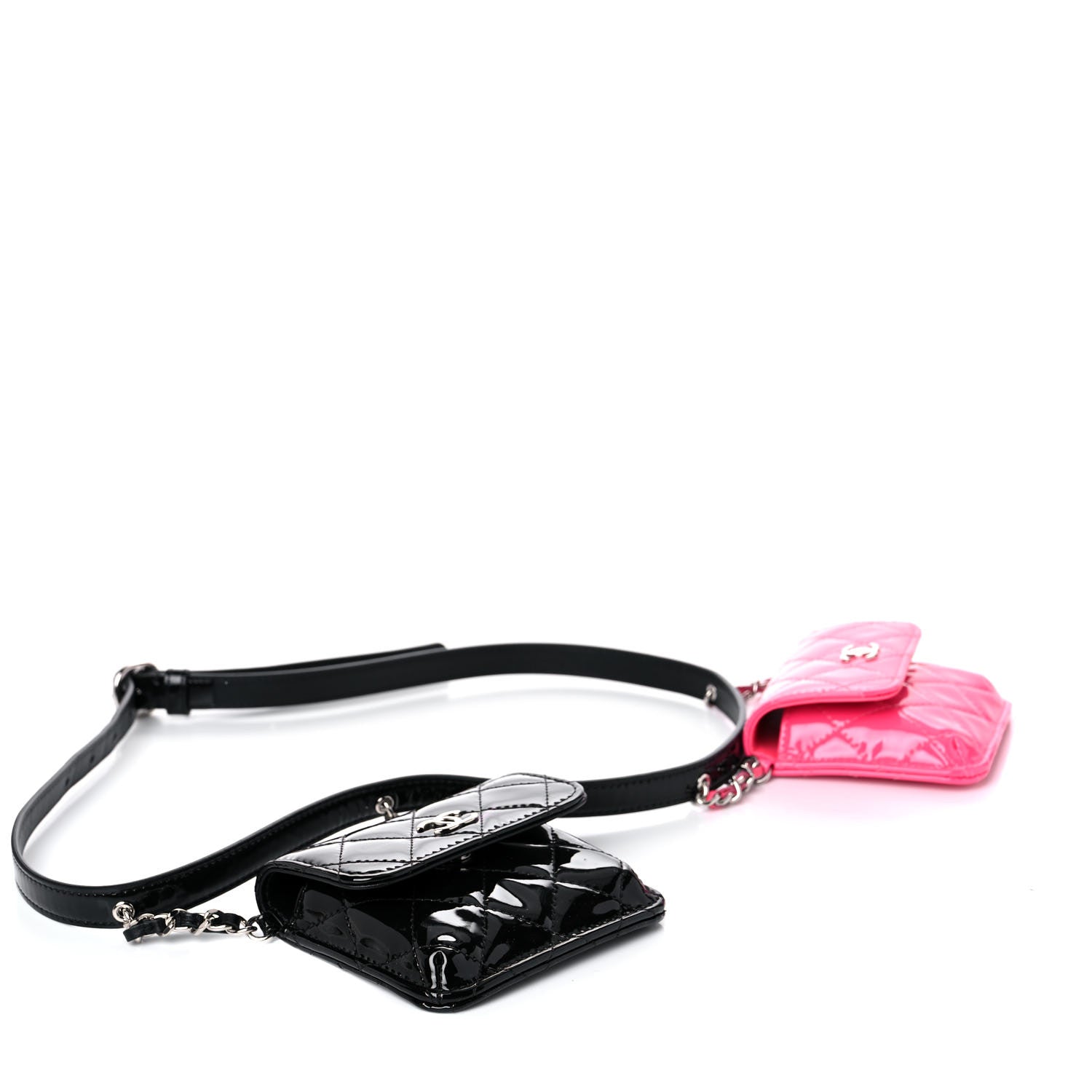 Chanel Patent Quilted Belt In Love Double Mini Flap Waist Bag Black Pink 4 of 9