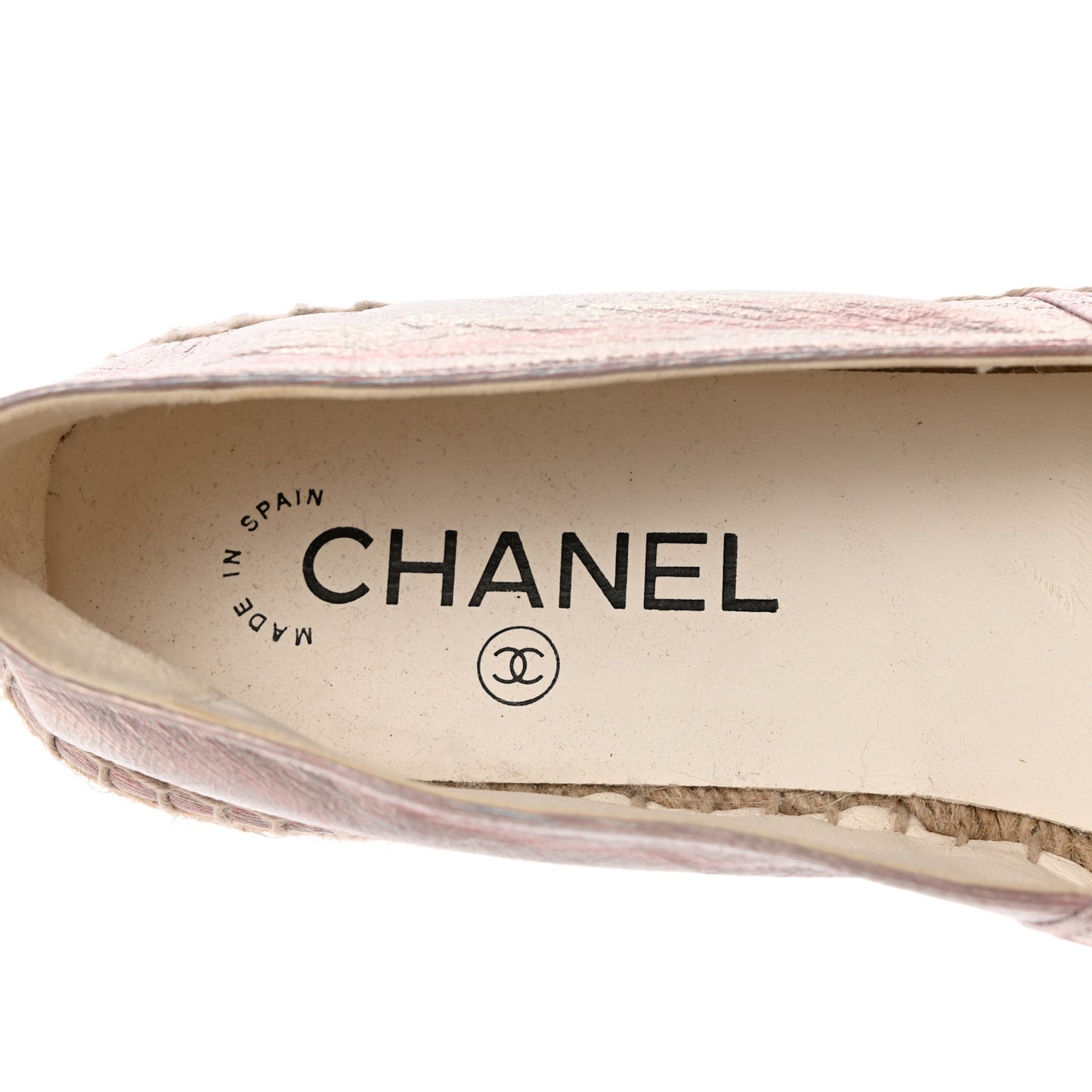 Laminated Lambskin Grosgrain Embroidered CC Espadrilles 40 Pink Silver Black