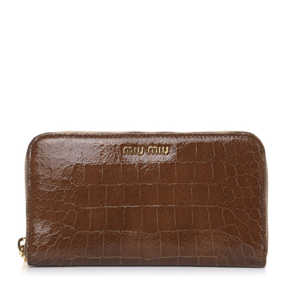 Miu Miu Vernice Crocodile Embossed Calfskin Zip Around Wallet Tobacco 1 of 9