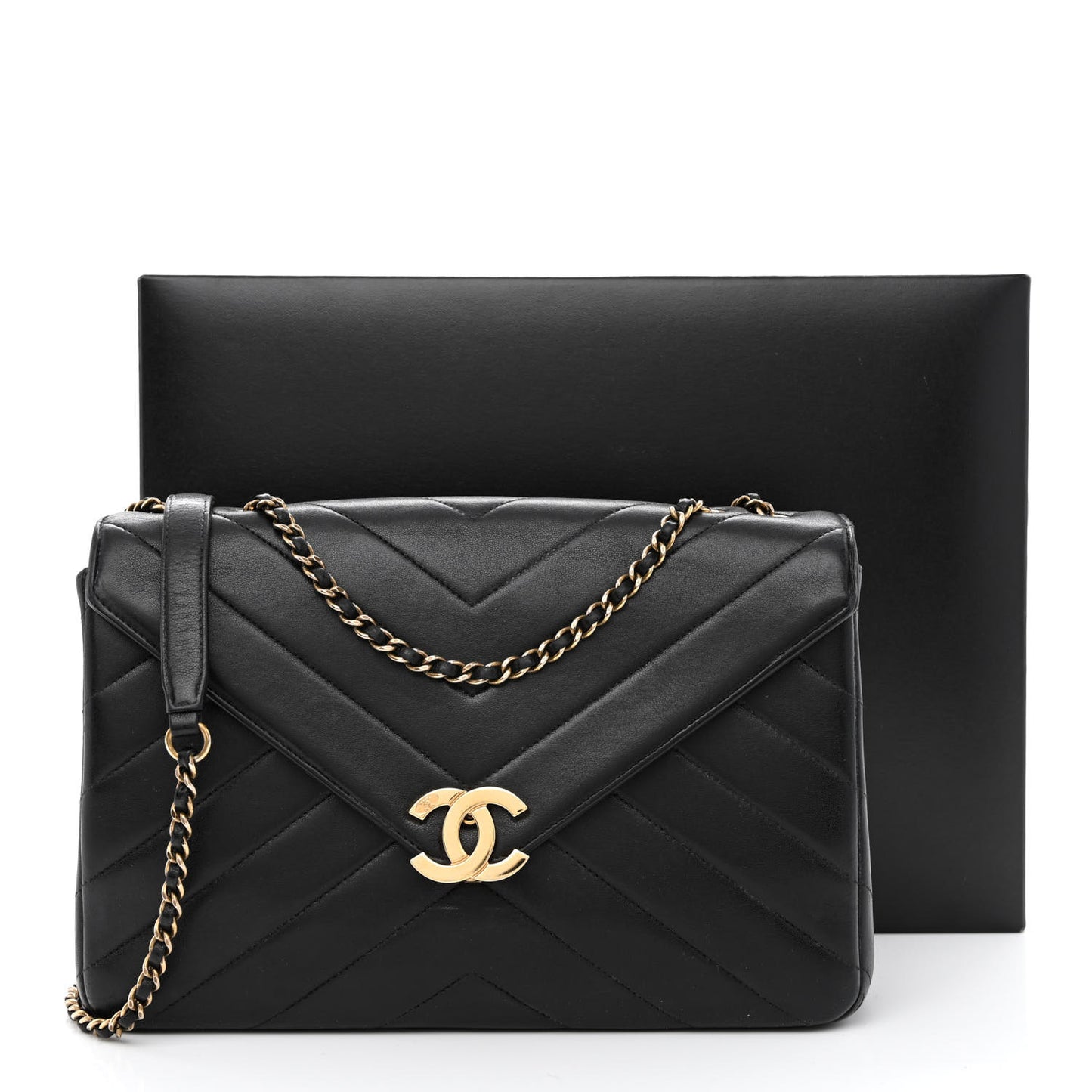 Lambskin Chevron Quilted Medium Envelope Flap Black