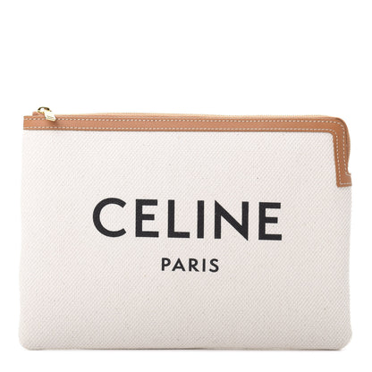 Celine Cotton Canvas Calfskin Logo Large Pouch Natural 1 of 7
