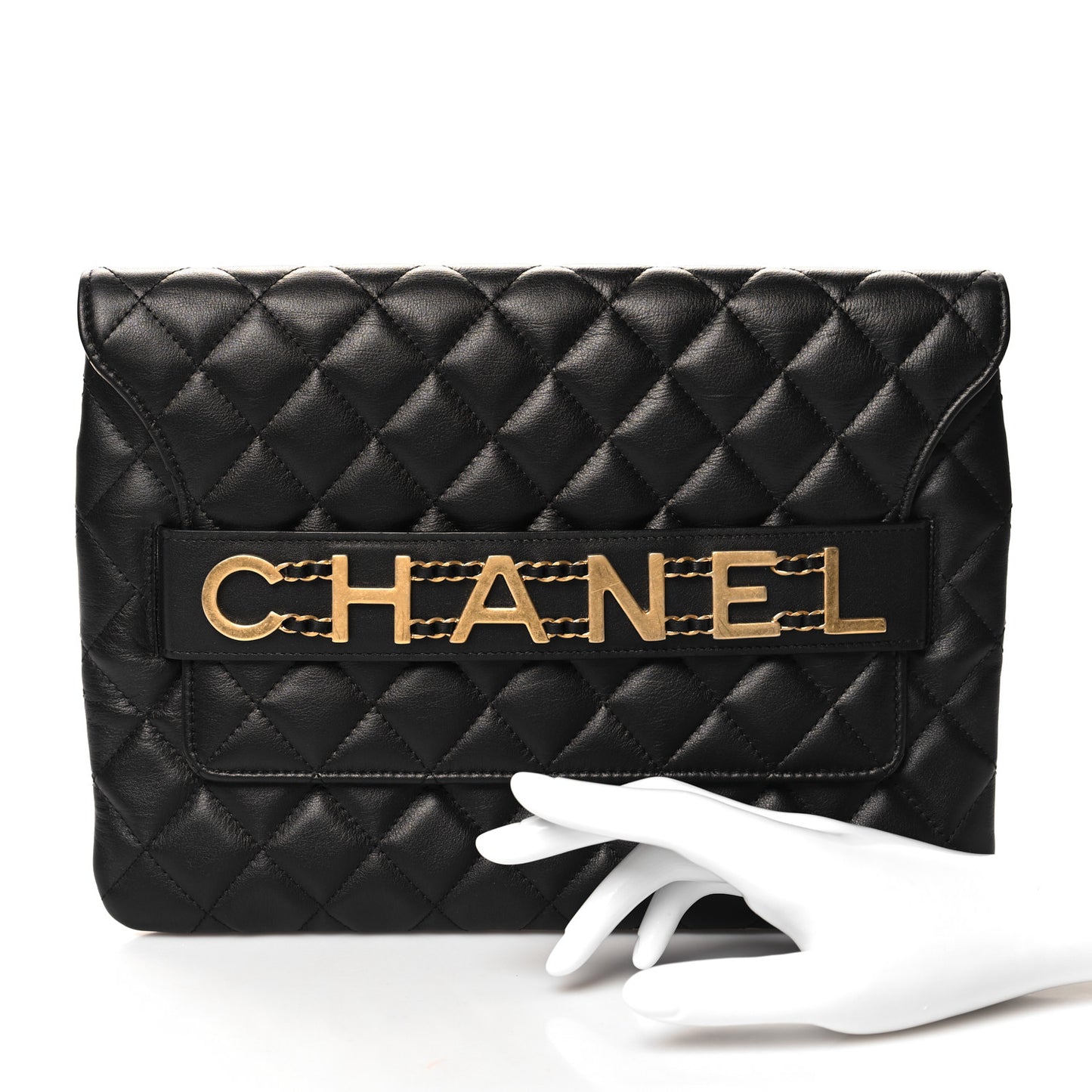 Calfskin Quilted Front Logo Enchained Clutch Black