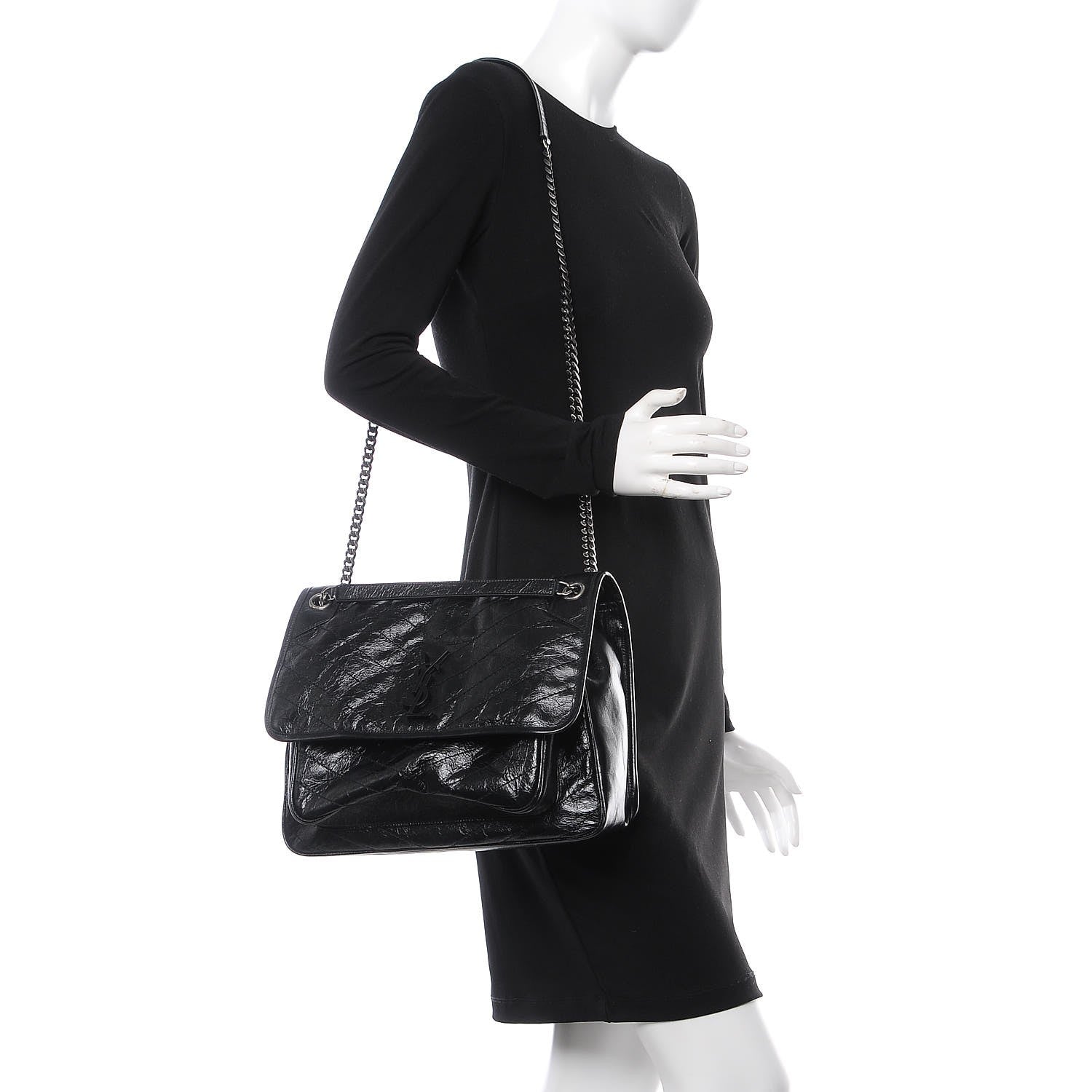 Saint Laurent Crinkled Calfskin Matelasse Monogram Large Niki Chain Satchel Black 2 of 9