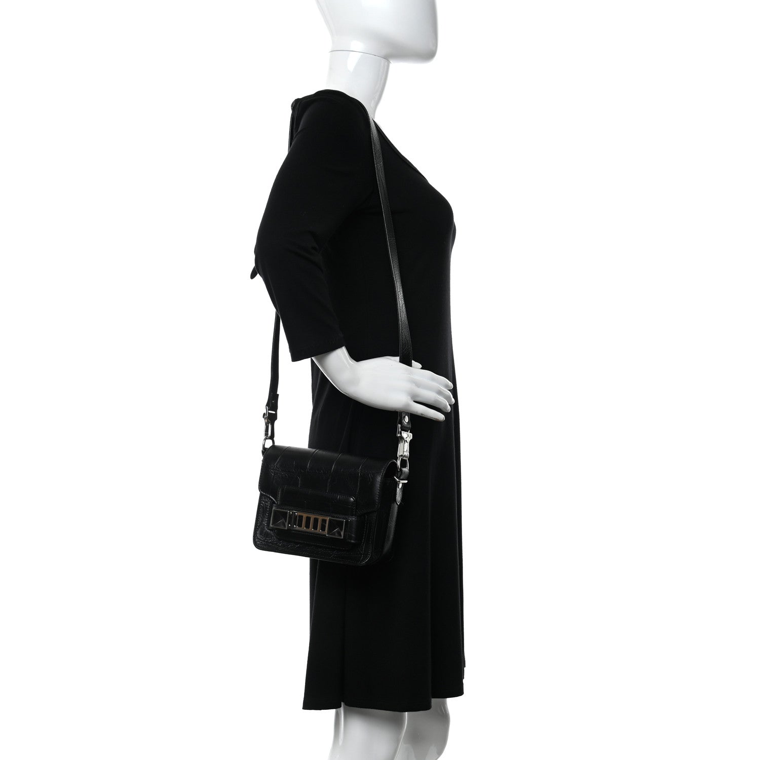 Proenza Schouler Calfskin Crocodile Embossed PS11 Tiny Shoulder Bag Black 2 of 12