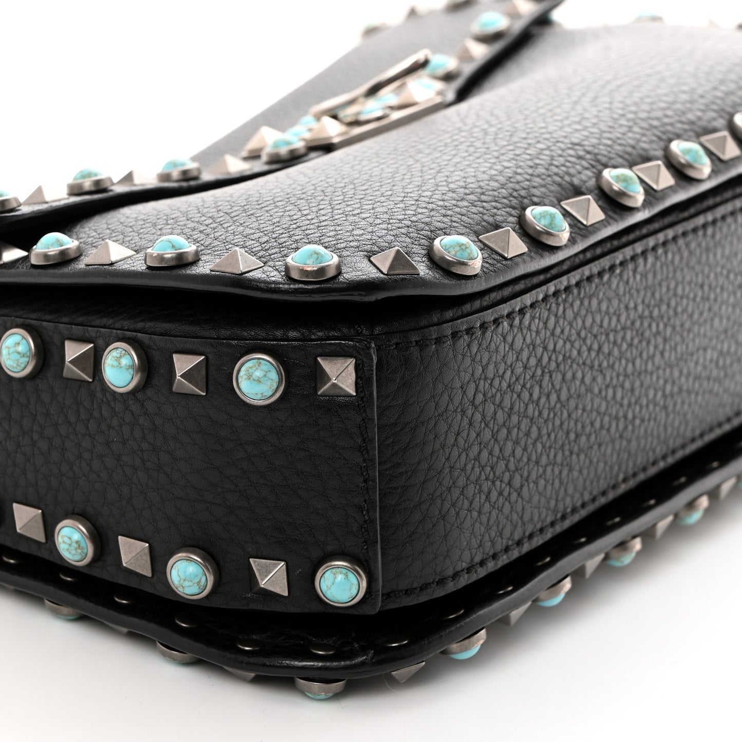 Pebbled Calfskin Turquoise Medium Guitar Strap Rockstud Rolling Flap Saddle Bag Black
