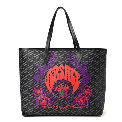 Versace Coated Canvas Calfskin La Greca Medusa Music Signature Shopper Tote Bag Black Grey 1 of 11