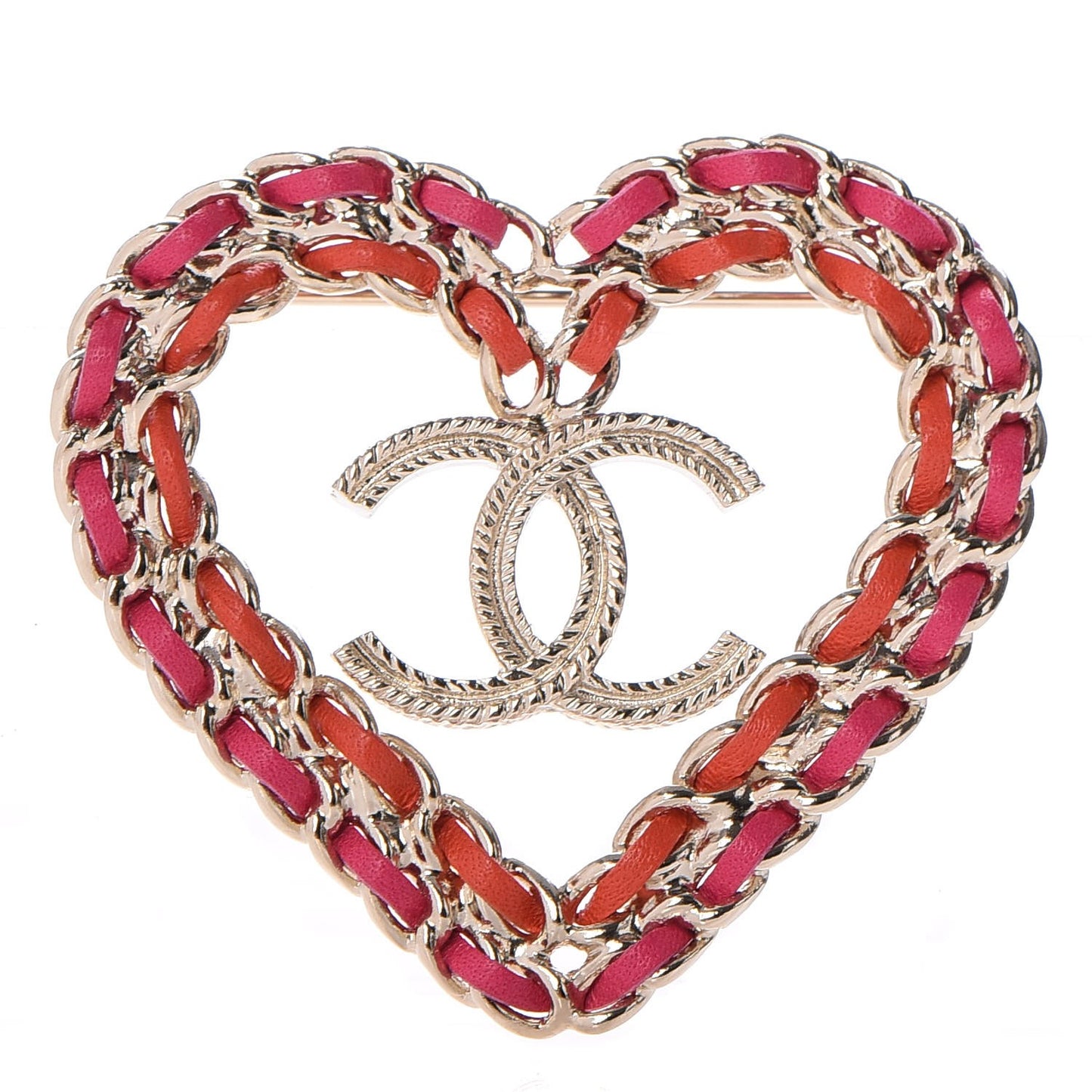 Lambskin Chain CC Heart Brooch Pink Red Gold