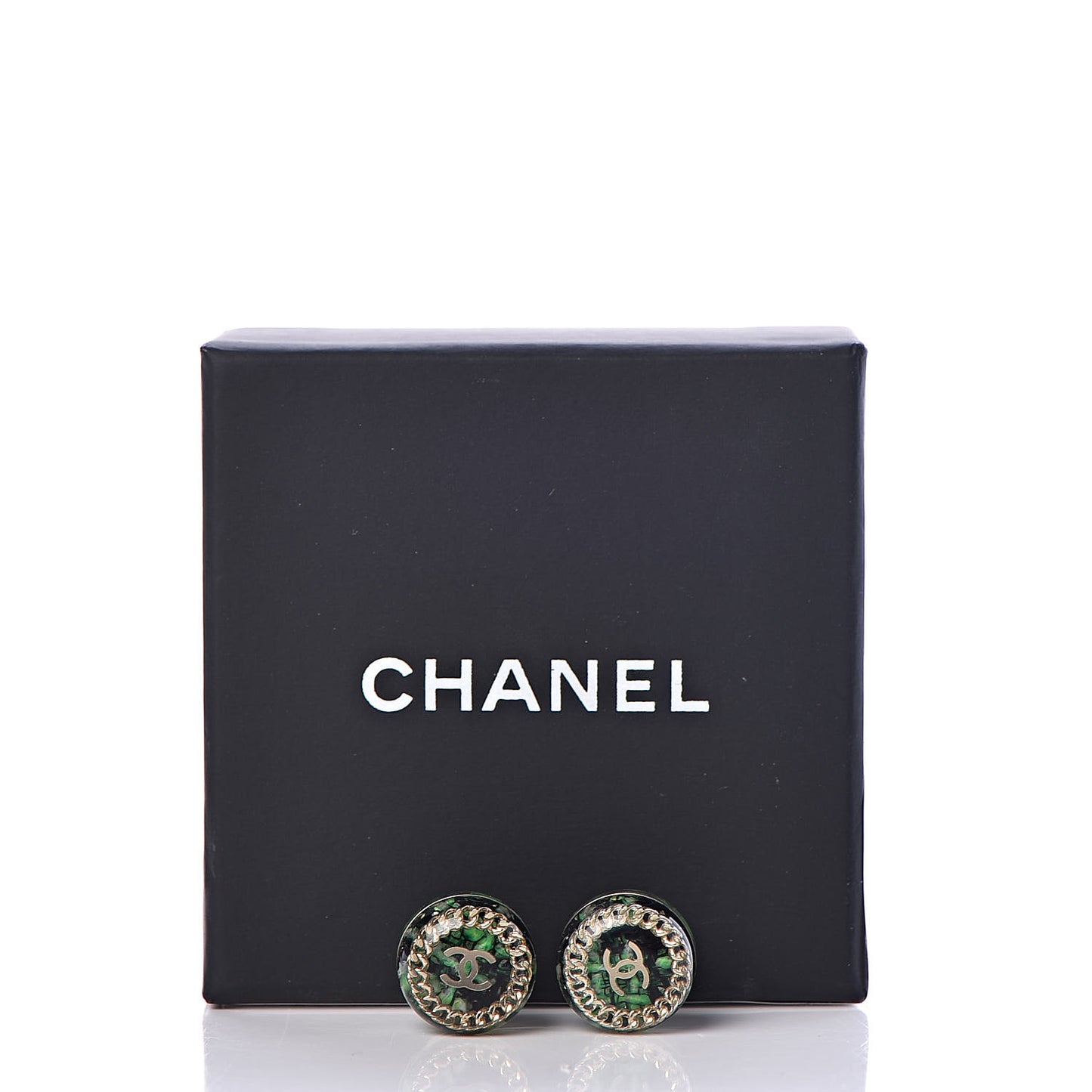 Resin Tweed Chain CC Round Earrings Gold Green