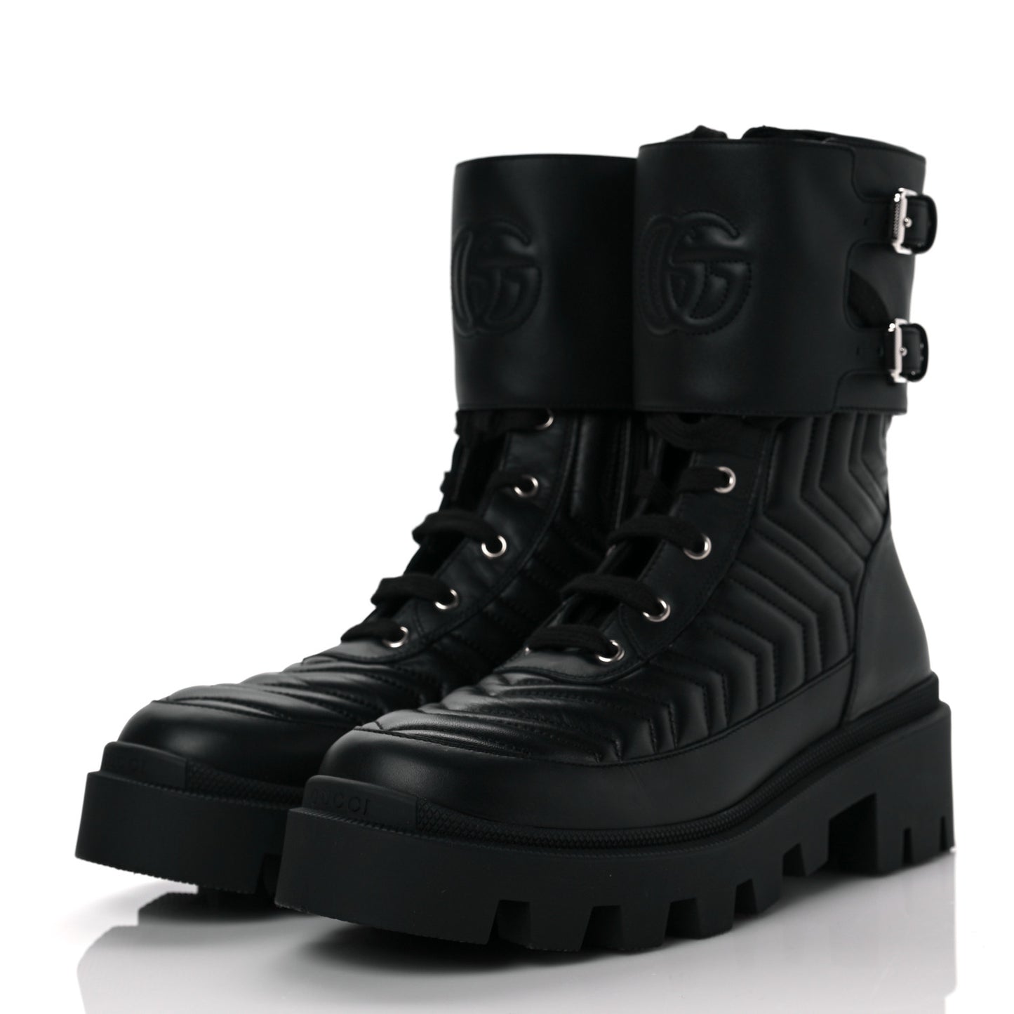 Nappa Frances GG Matelasse Platform Combat Boots 39 Black