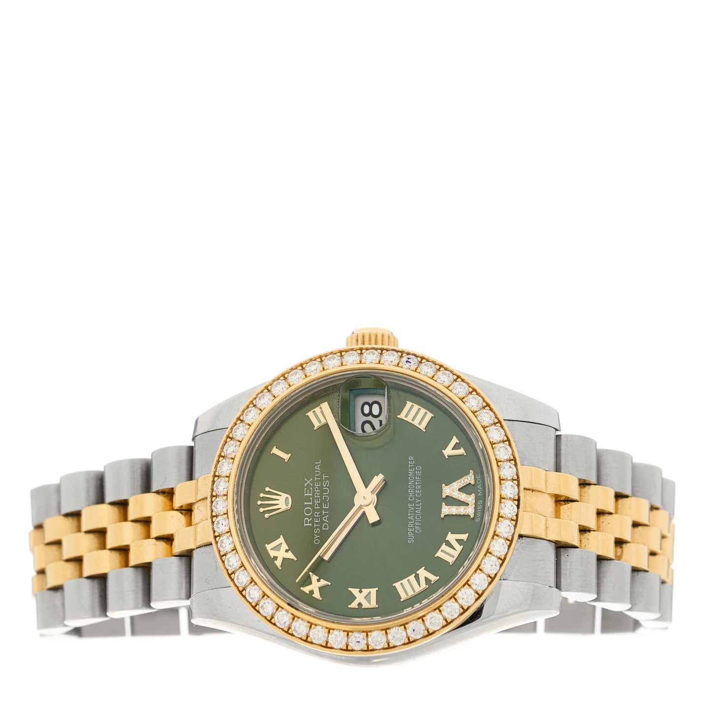 Stainless Steel 18K Yellow Gold Diamond Bezel 31mm Oyster Perpetual Datejust Watch Olive Green Roman 178383