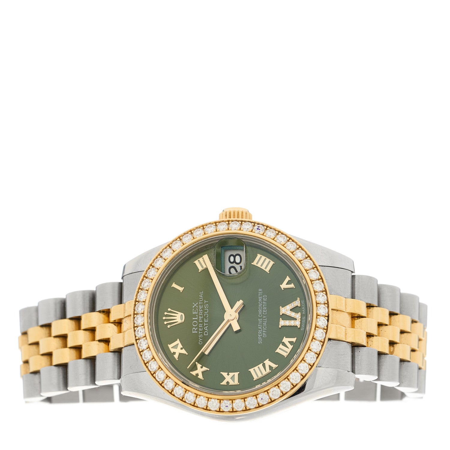 Rolex Stainless Steel 18K Yellow Gold Diamond Bezel 31mm Oyster Perpetual Datejust Watch Olive Green Roman 178383 2 of 5