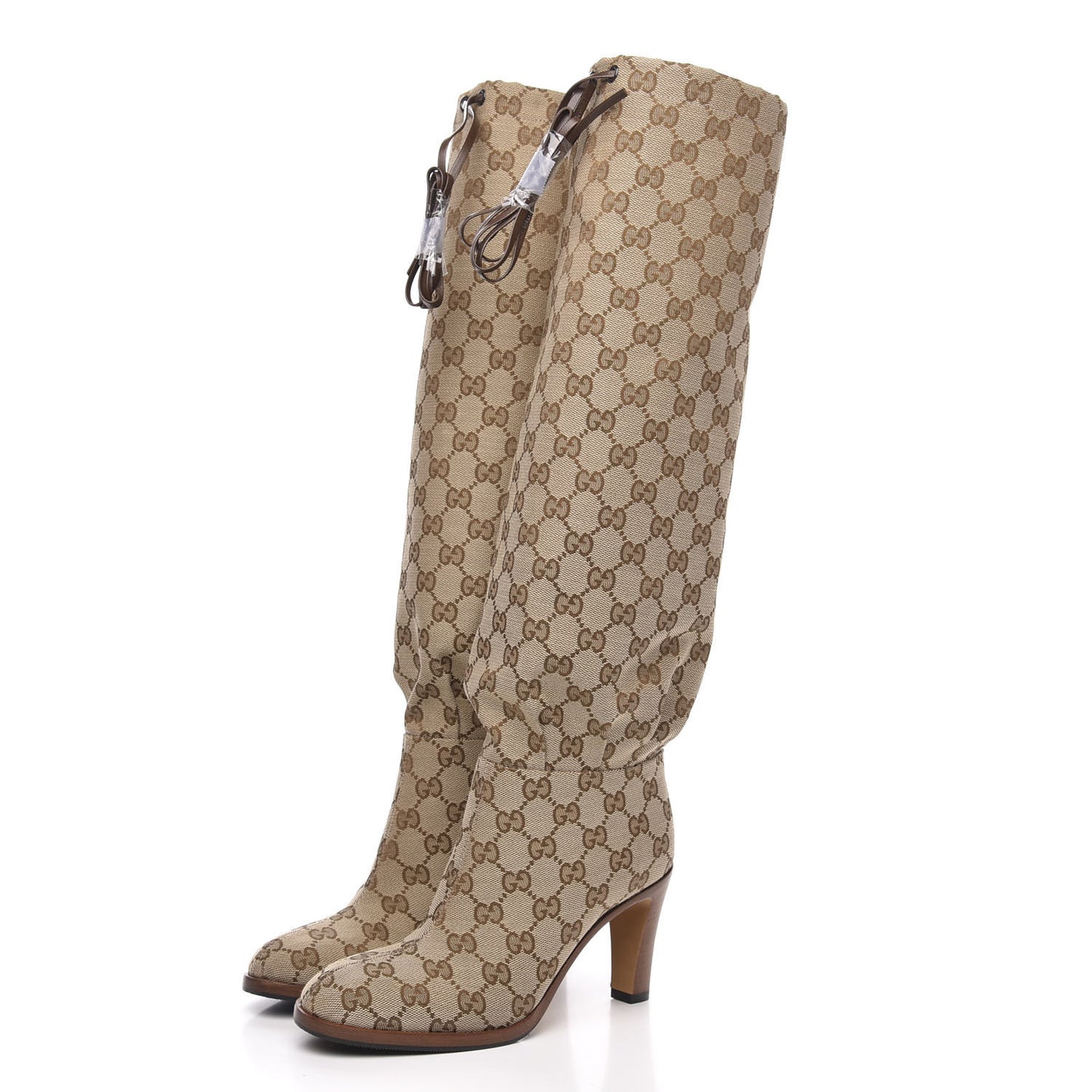 Monogram Malaga Kid Lisa Mid Heel Boots 35.5 Beige Ebony