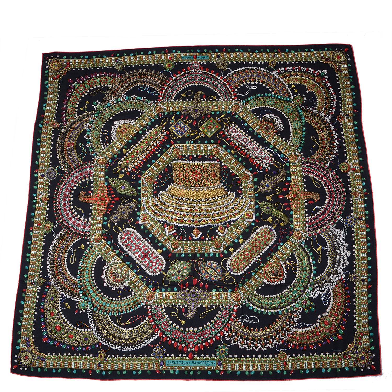 Hermes Cashmere Silk Parures Des Maharajas Shawl 140 Noir Vert Rouge 3 of 7