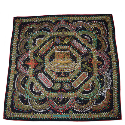 Hermes Cashmere Silk Parures Des Maharajas Shawl 140 Noir Vert Rouge 3 of 7