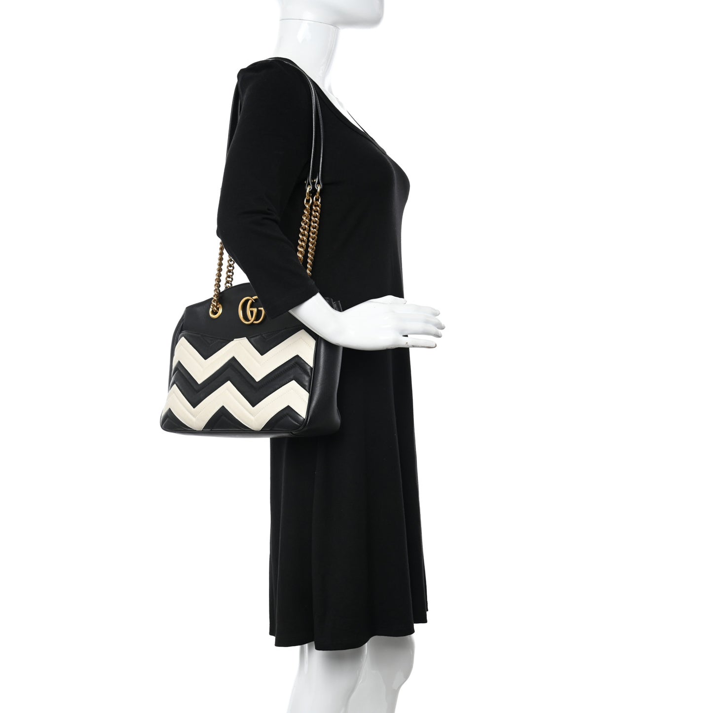 Calfskin Matelasse Medium GG Marmont Open Top Shoulder Bag Black White
