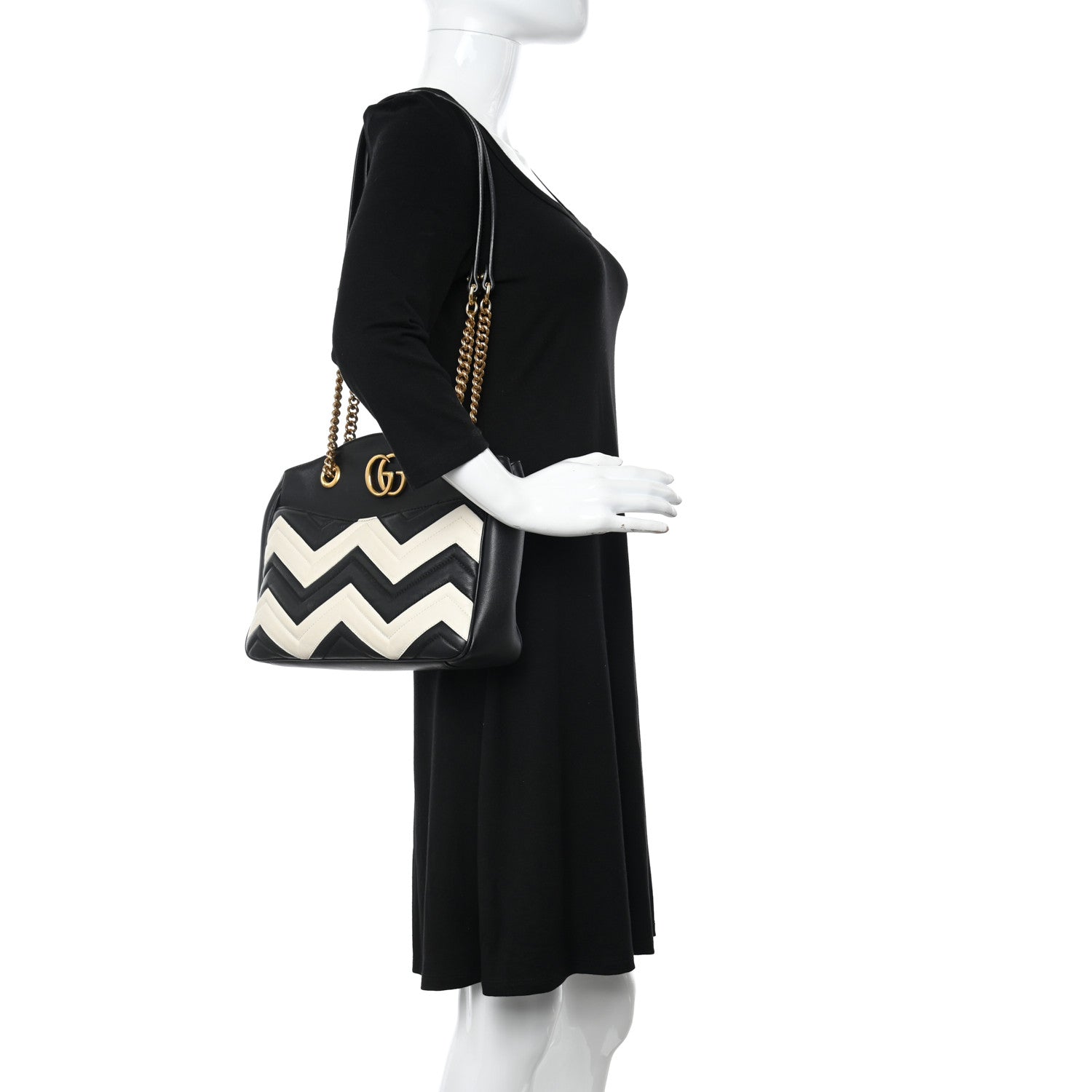 Gucci Calfskin Matelasse Medium GG Marmont Open Top Shoulder Bag Black White 2 of 12