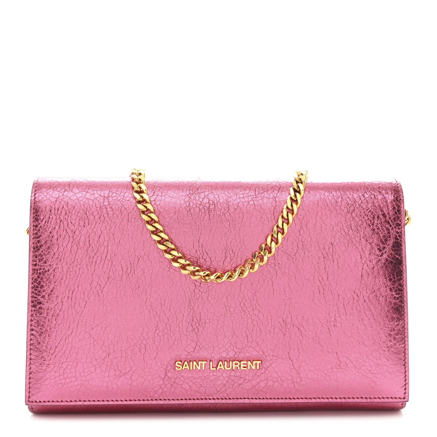 Metallic Grained Calfskin Classic Letters Chain Wallet New Pink