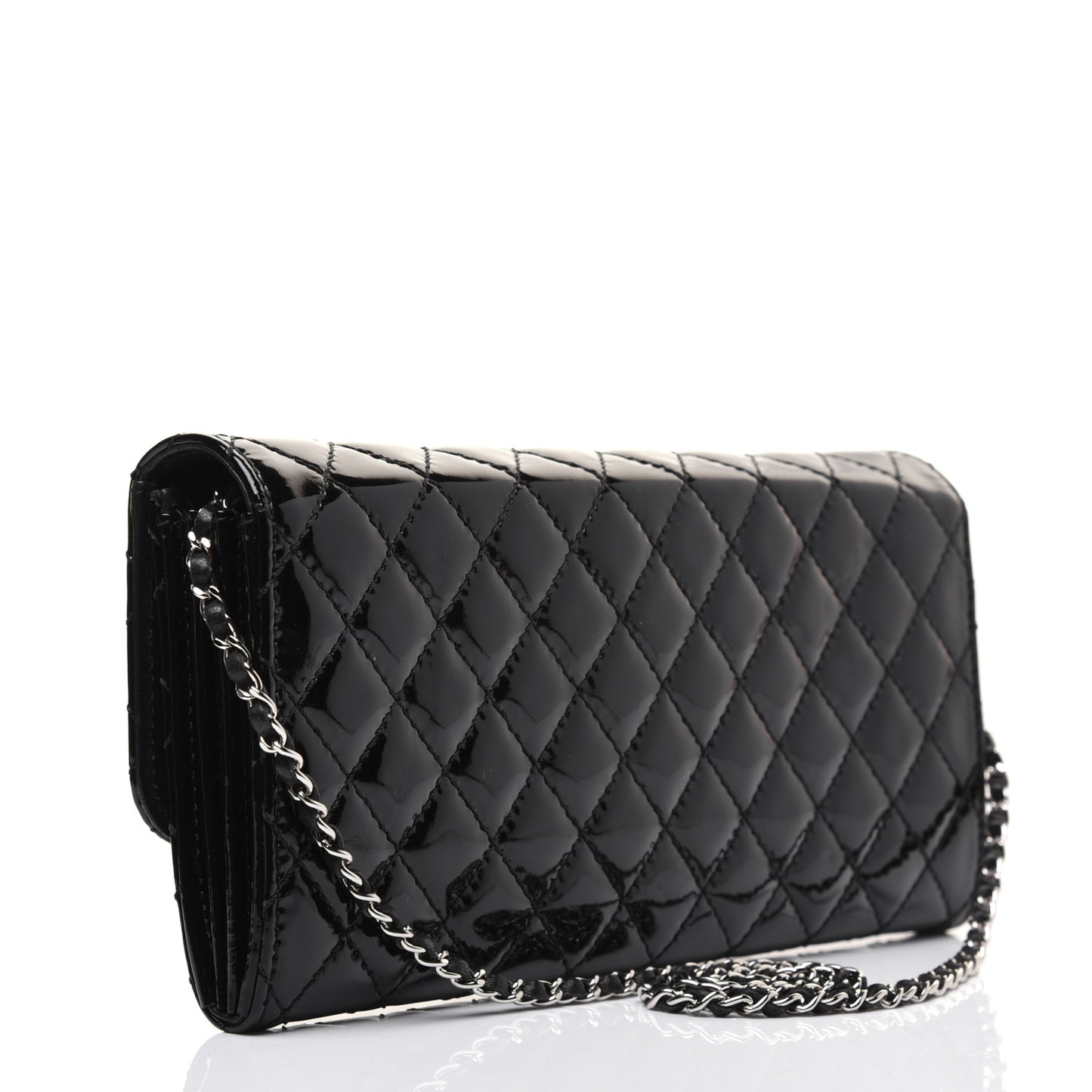 Patent Calfskin Quilted Flap Clutch With Chain Black