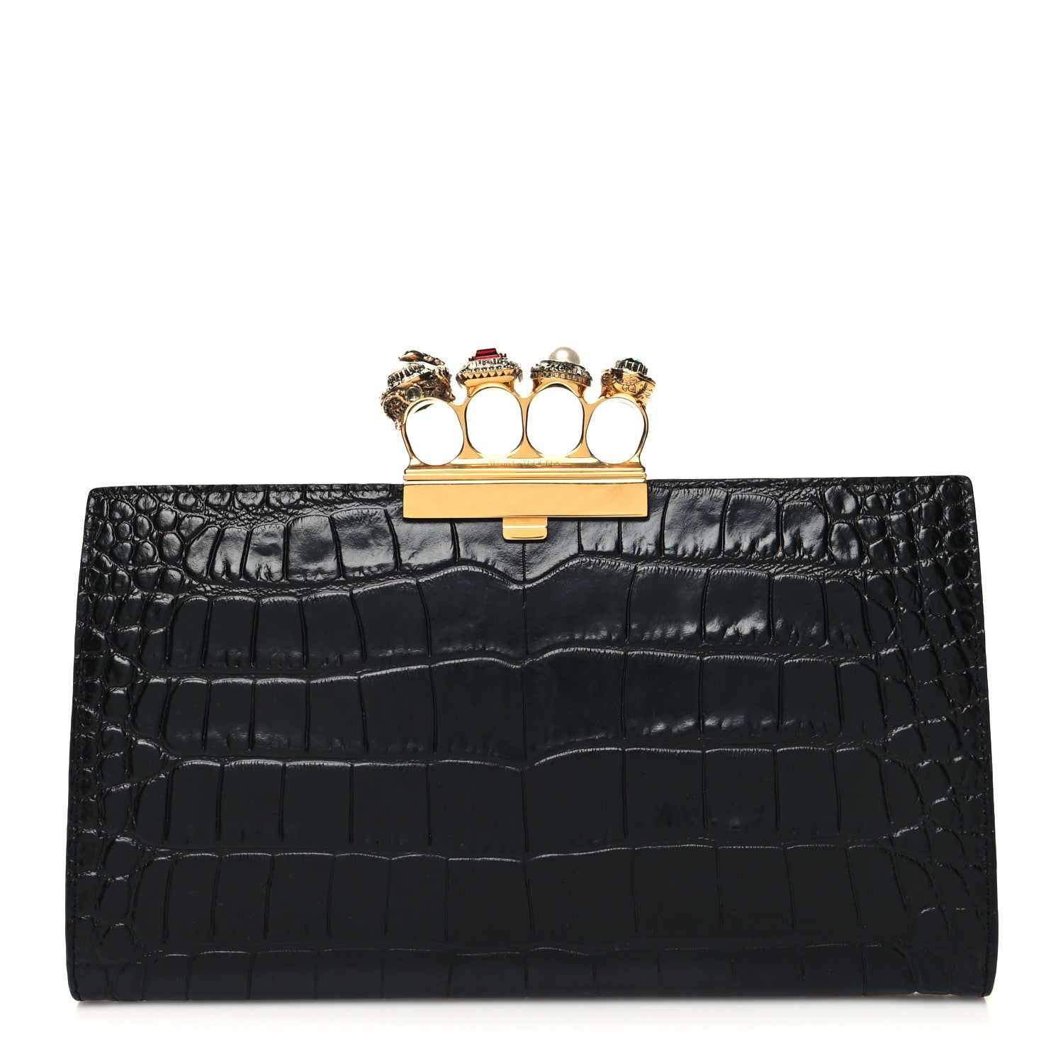 Alexander McQueen Calfskin Crocodile Embossed Knuckle Flat Clutch Black Gold 1 of 13
