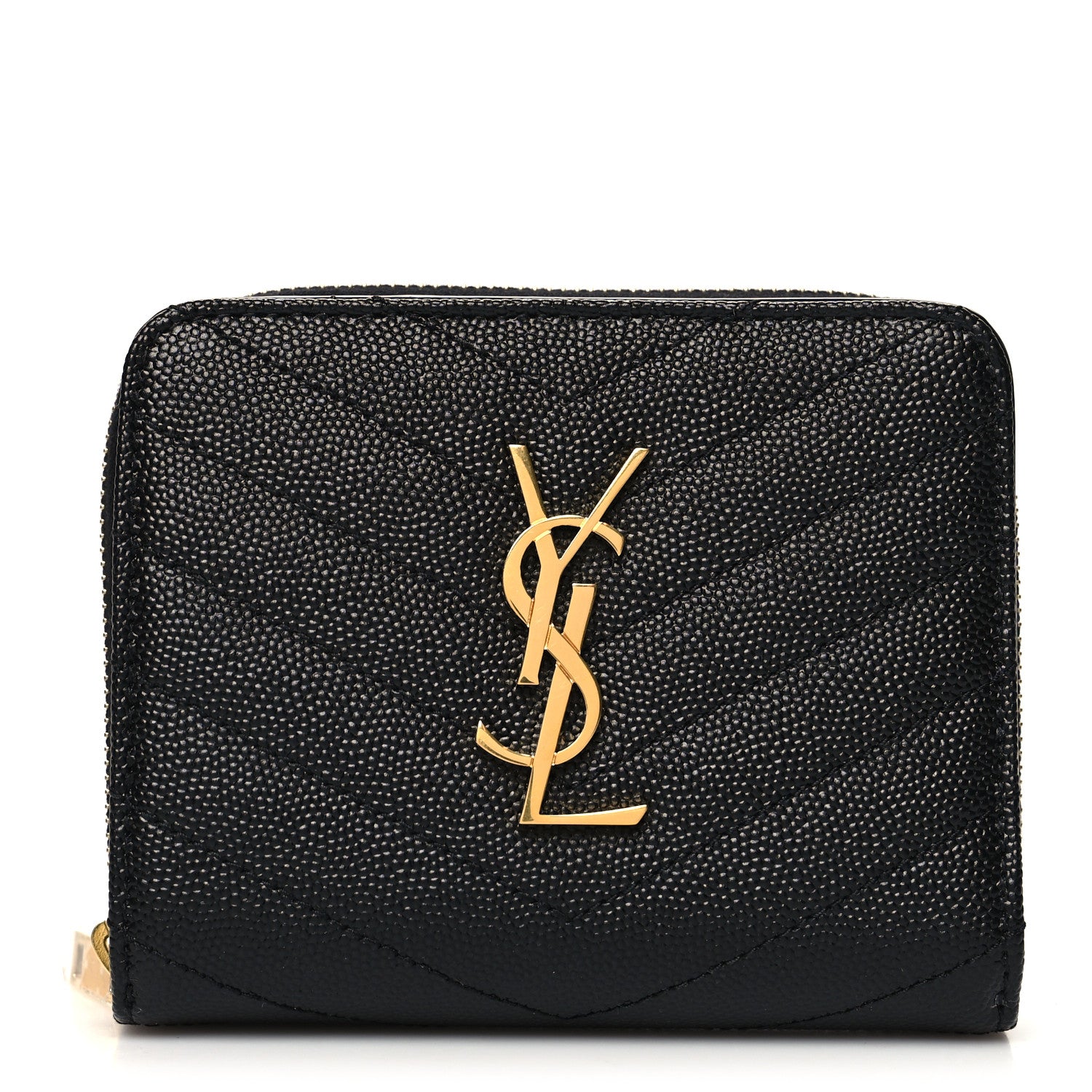 Saint Laurent Grain De Poudre Matelasse Chevron Monogram Compact Zip Around Wallet Black 1 of 8
