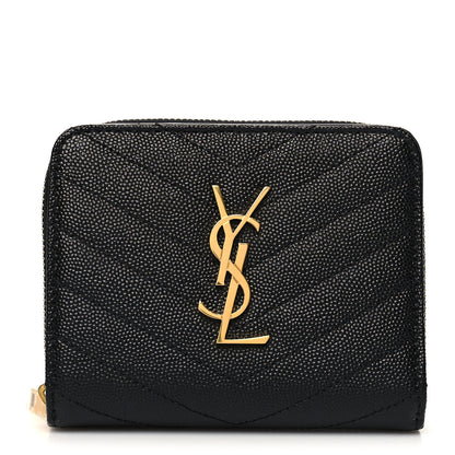 Saint Laurent Grain De Poudre Matelasse Chevron Monogram Compact Zip Around Wallet Black 1 of 8