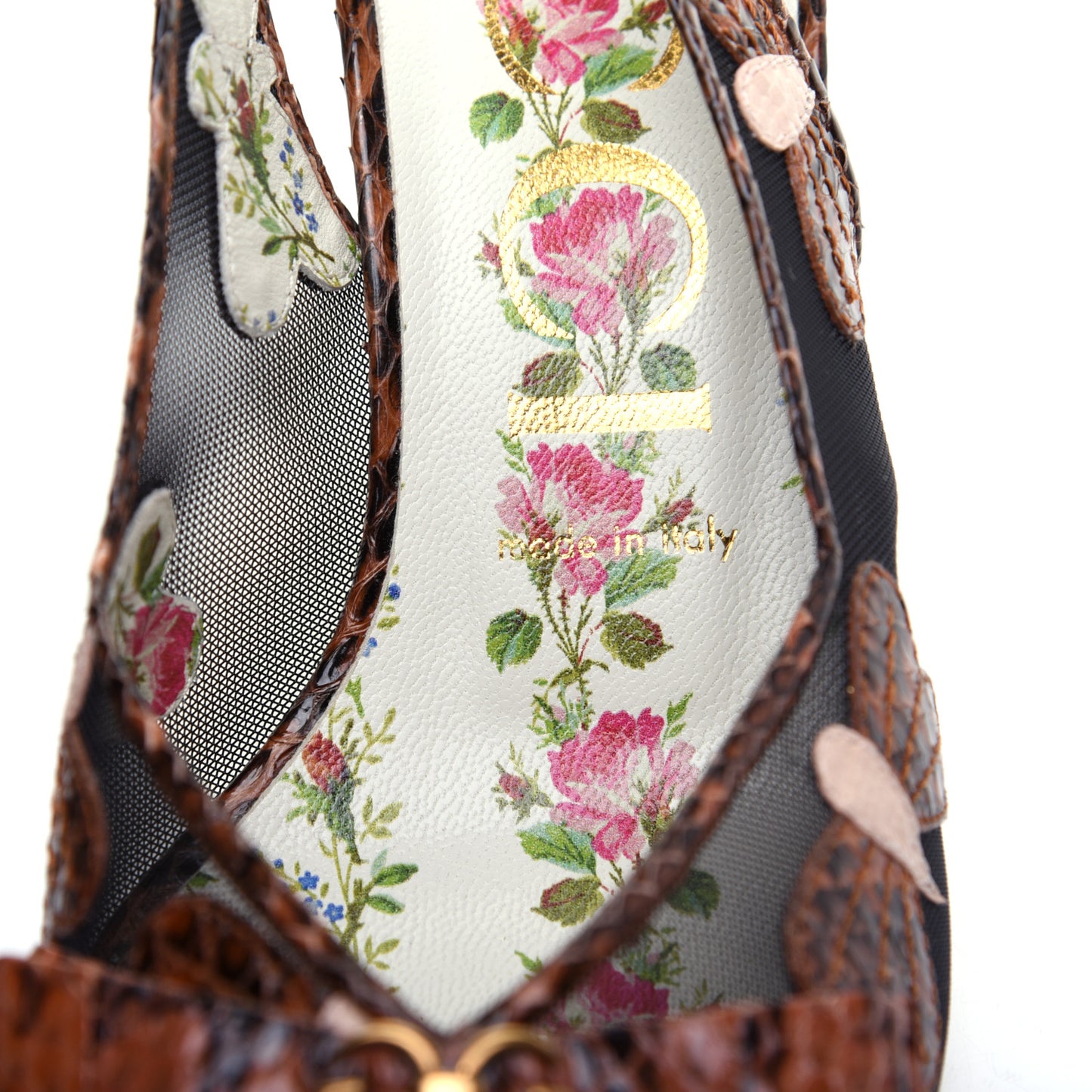 Malaga Kid Elaphe Lizard Butterflies Mid-Heel Slingback Pumps 37.5 Bright Cuir Black Soft Pink