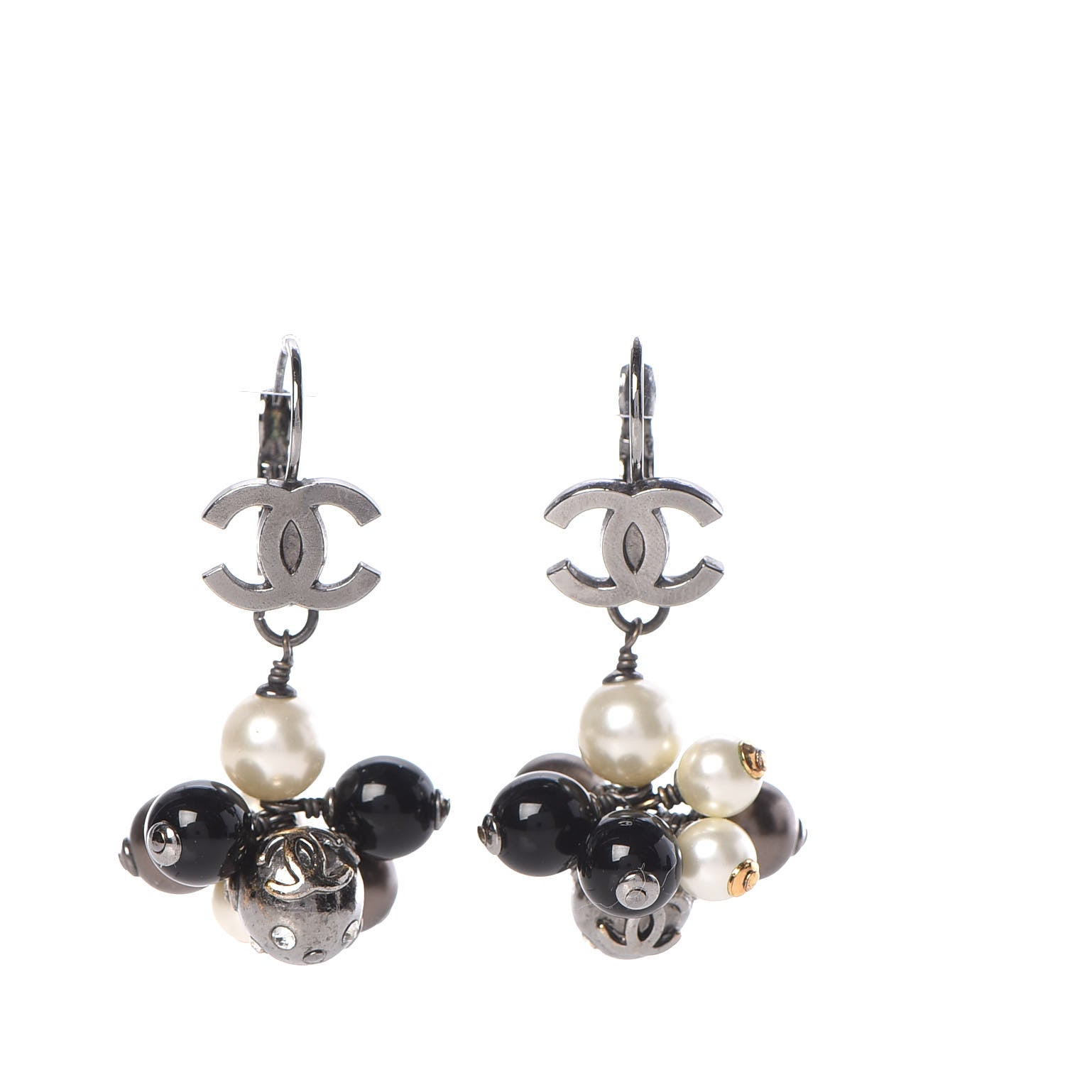 Chanel Pearl Crystal CC Drop Clip On Earrings Black White Grey 1 of 4