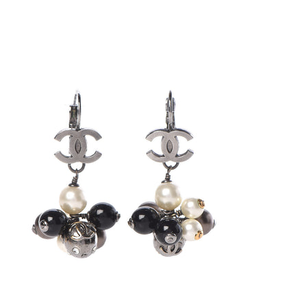 Chanel Pearl Crystal CC Drop Clip On Earrings Black White Grey 1 of 4