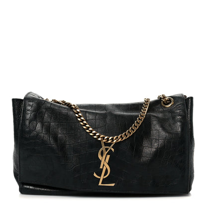 Saint Laurent Calfskin Crocodile Embossed Suede Medium Reversible Monogram Kate Satchel Military Taupe 1 of 17