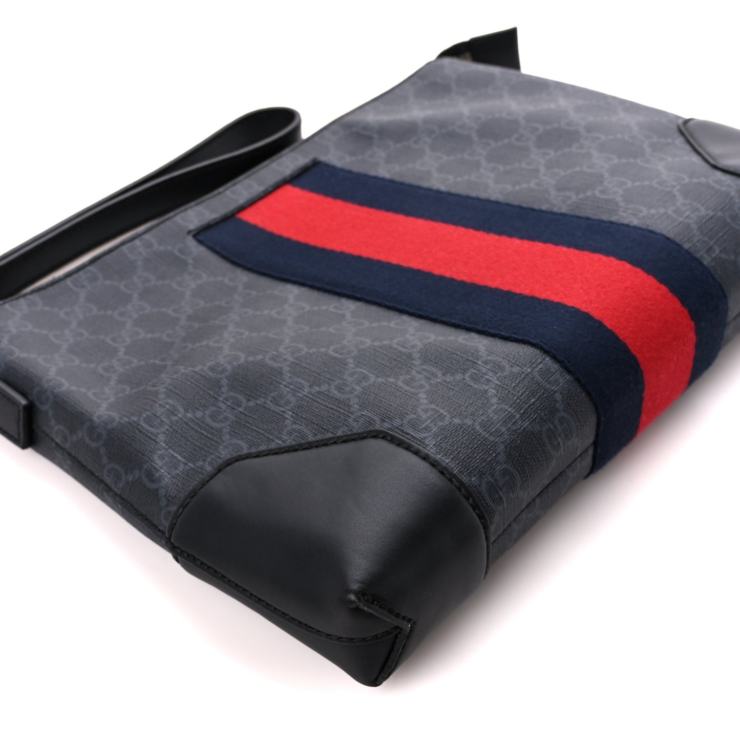 GG Supreme Monogram Calfskin Web Flat Wristlet Black Grey