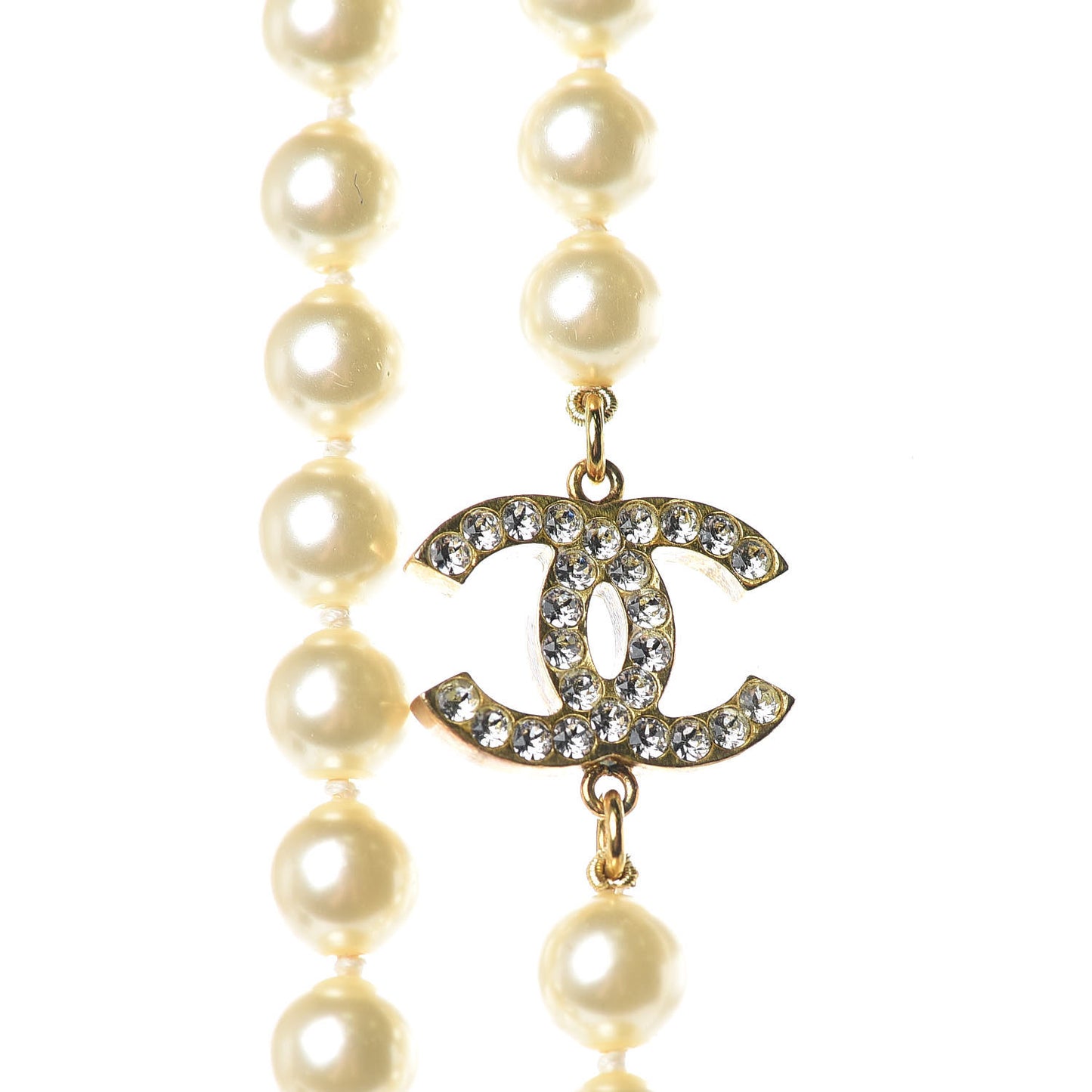 Pearl Crystal Long CC Necklace Gold