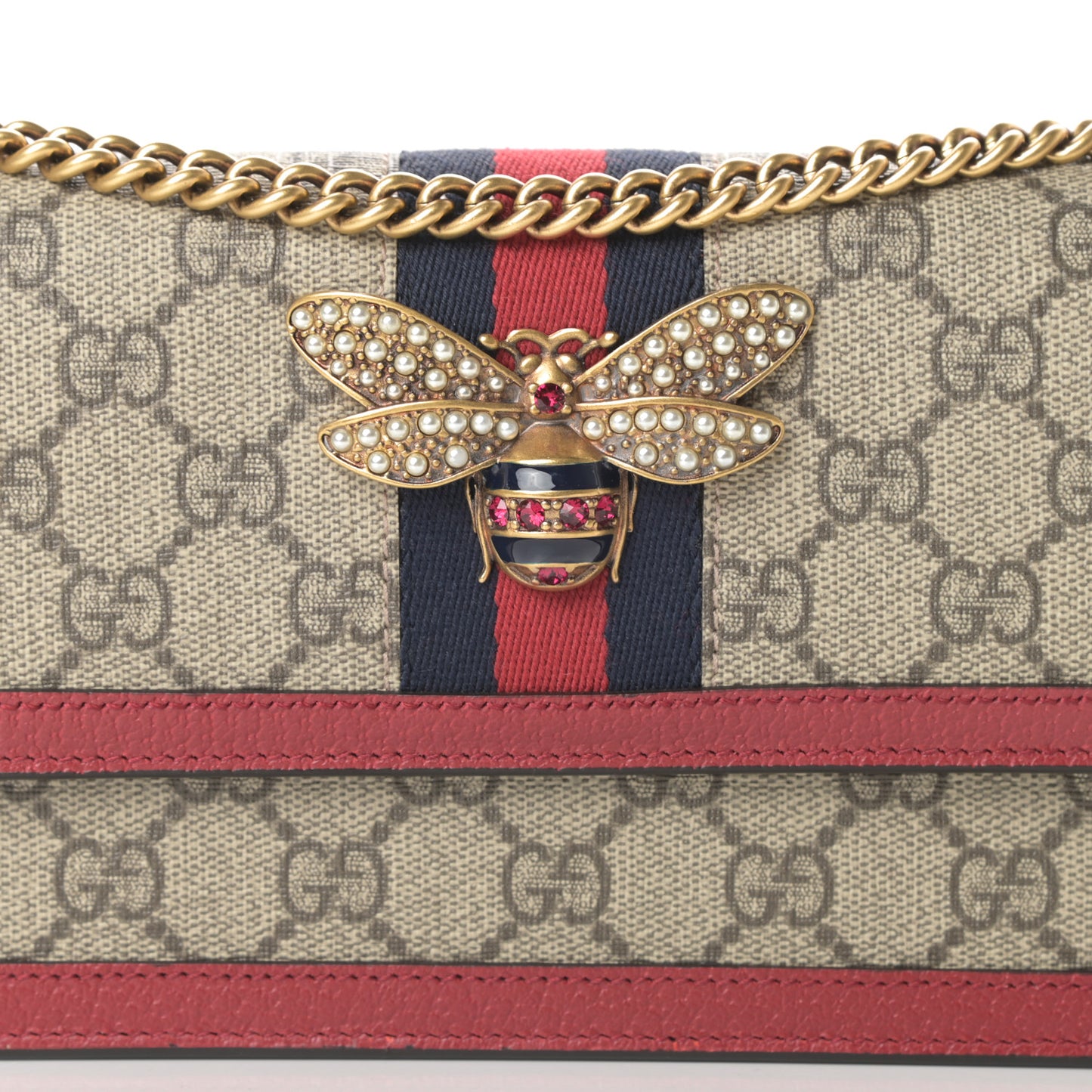 GG Supreme Monogram Web Queen Margaret Chain Wallet Red