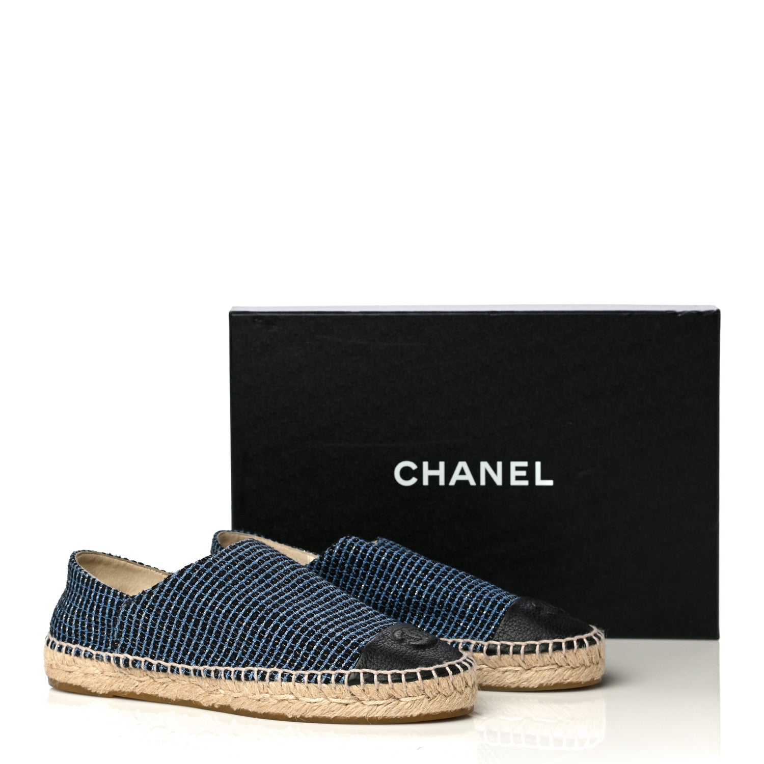 Chanel Grained Calfskin Tweed CC Espadrilles 38 Black Blue 11 of 11