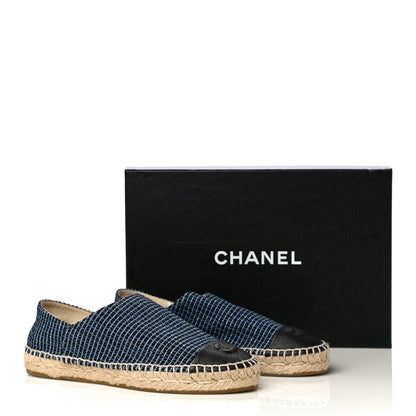 Chanel Grained Calfskin Tweed CC Espadrilles 38 Black Blue 11 of 11