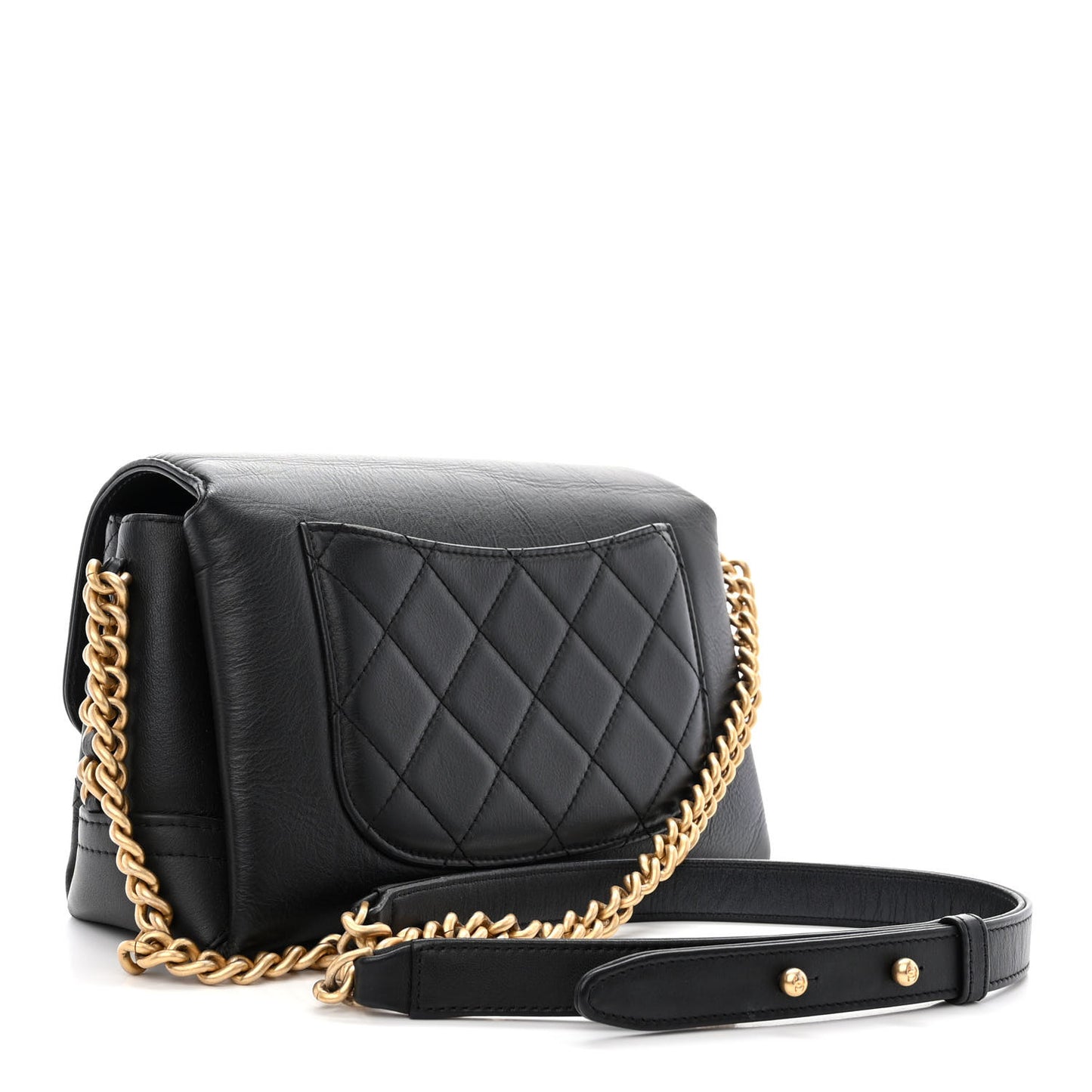 Calfskin Quilted Side Chain Compartment Flap Black