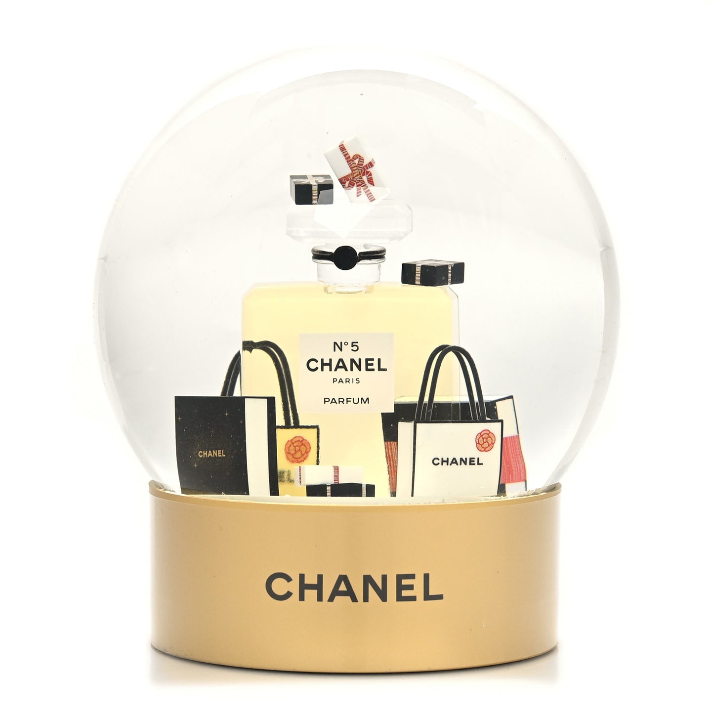 Glass N°5 Perfume Bottle Snow Globe Gold