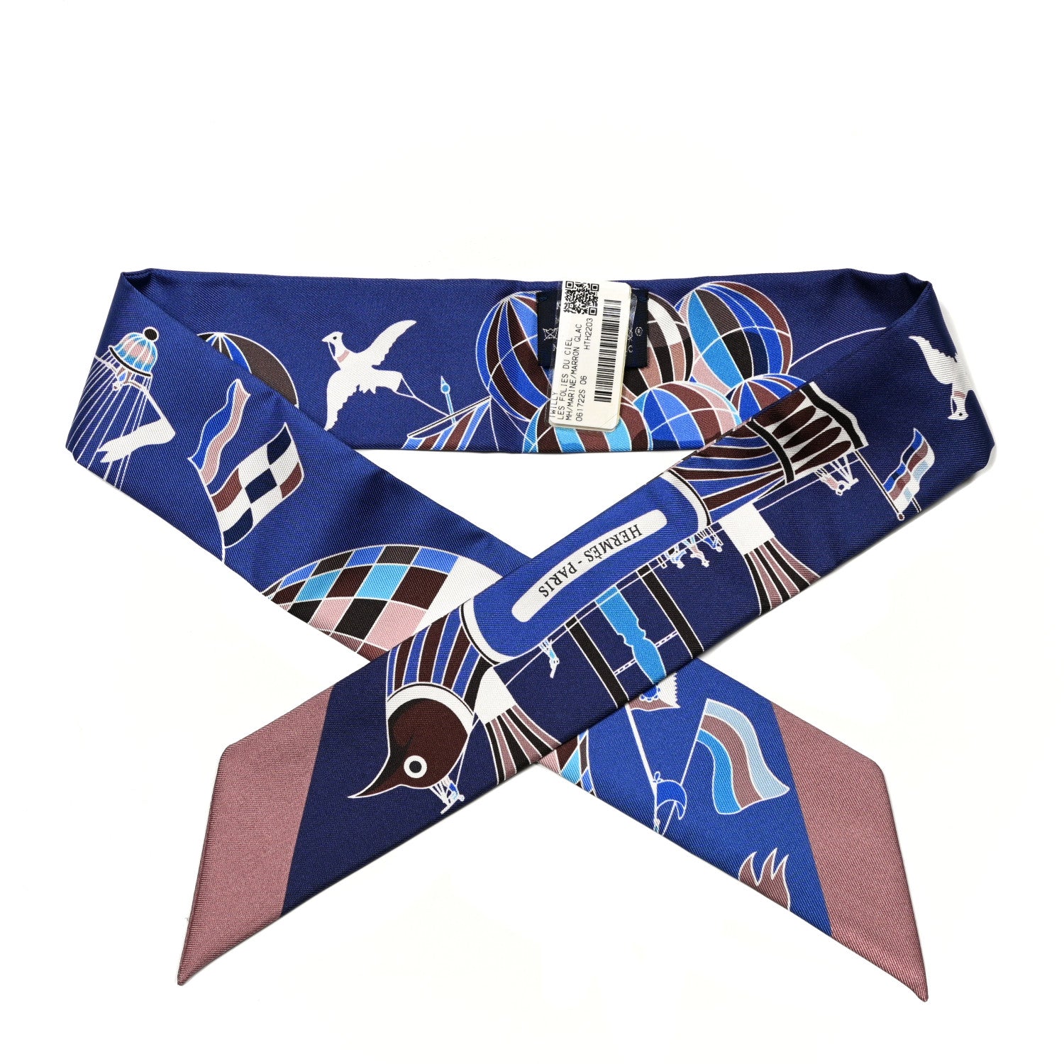 Hermes Silk Les Folies Du Ciel Twilly Marine Marron Glace White 1 of 4