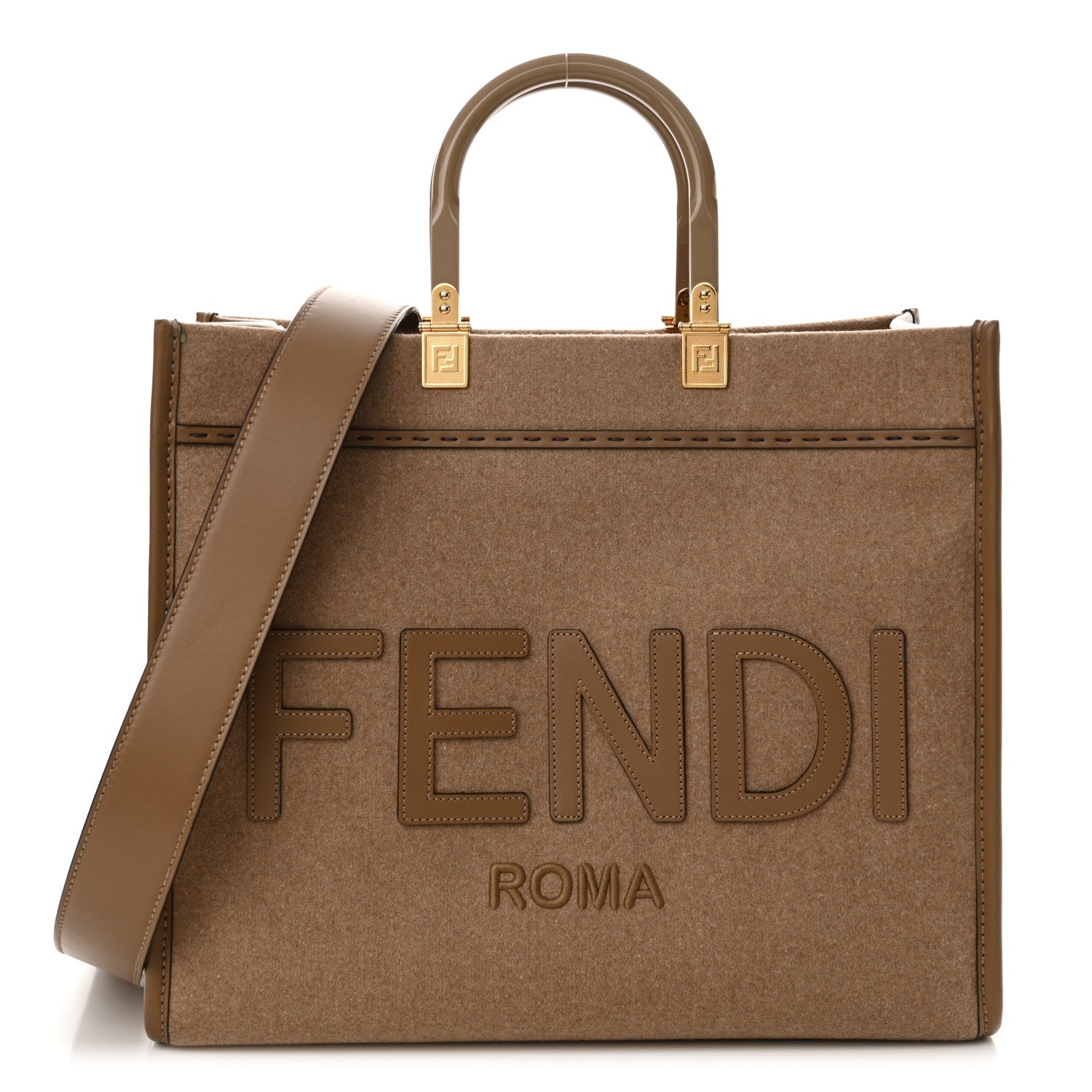Fendi Flannel Vitello King Wool Plexiglass FF Logo Embroidered Medium Fendi Sunshine Shopper Tote Camel Sand 1 of 14