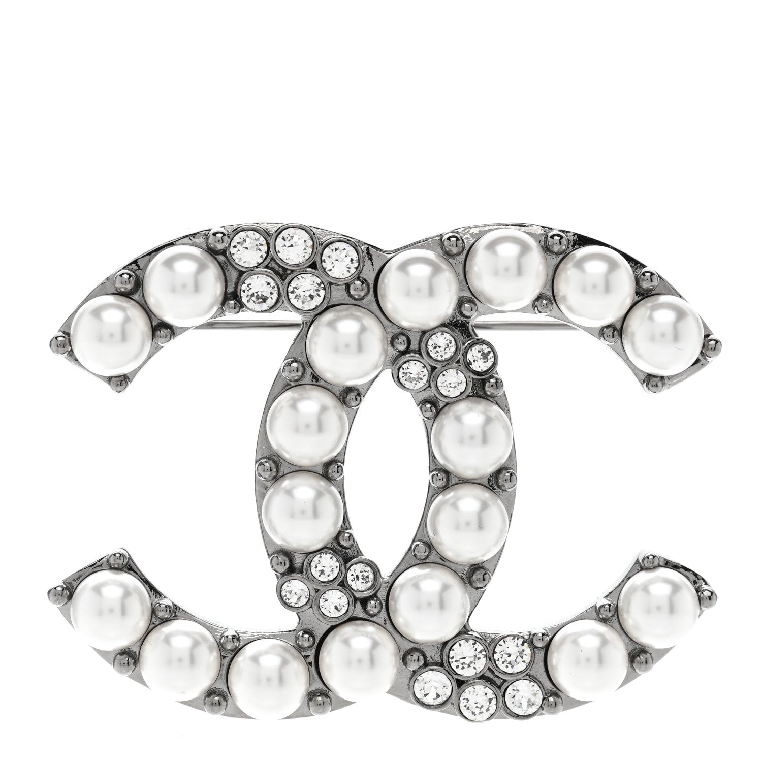 Chanel Pearl Crystal CC Brooch Silver 1 of 5