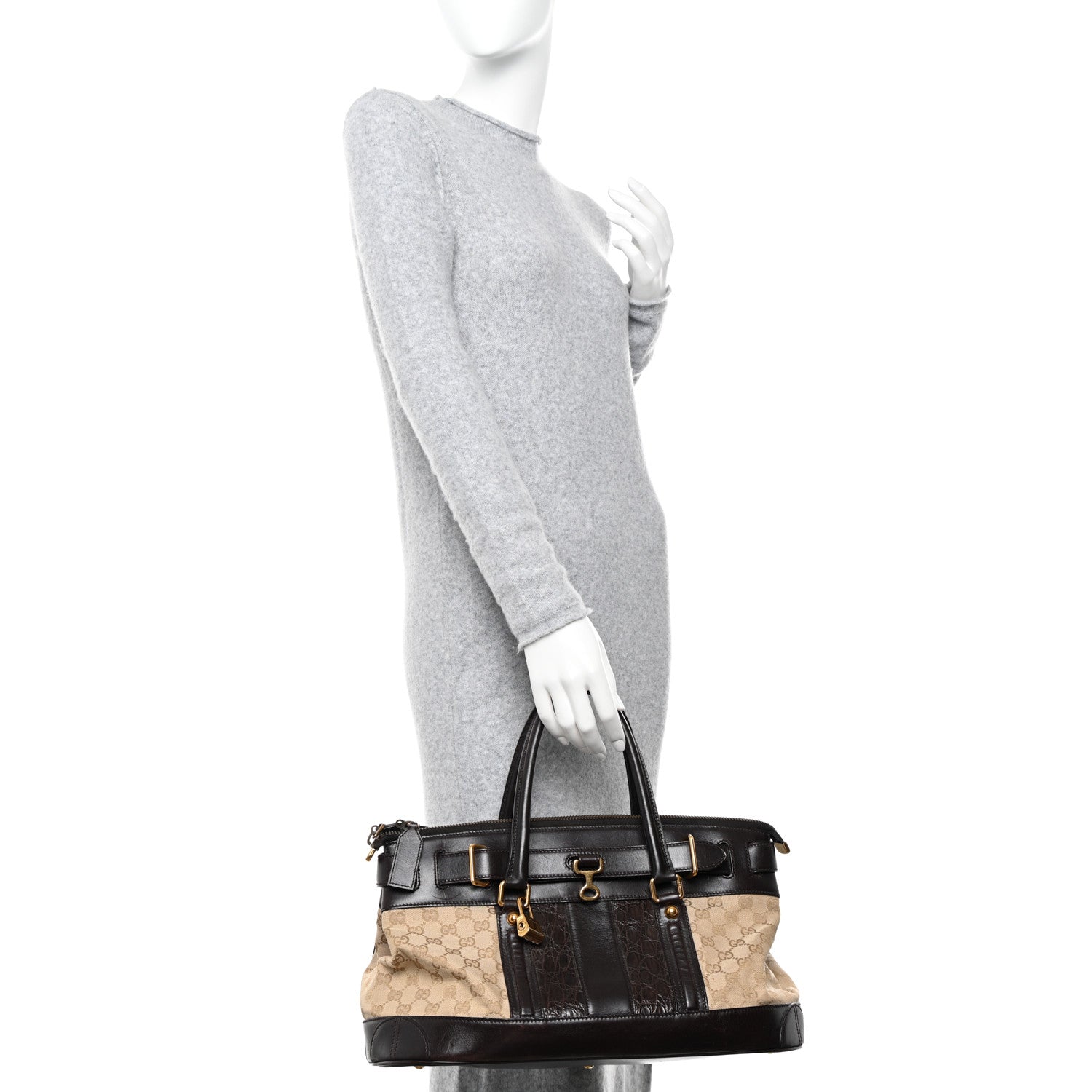 Gucci Monogram Crocodile Web Secret Top Handle Satchel Brown 2 of 10