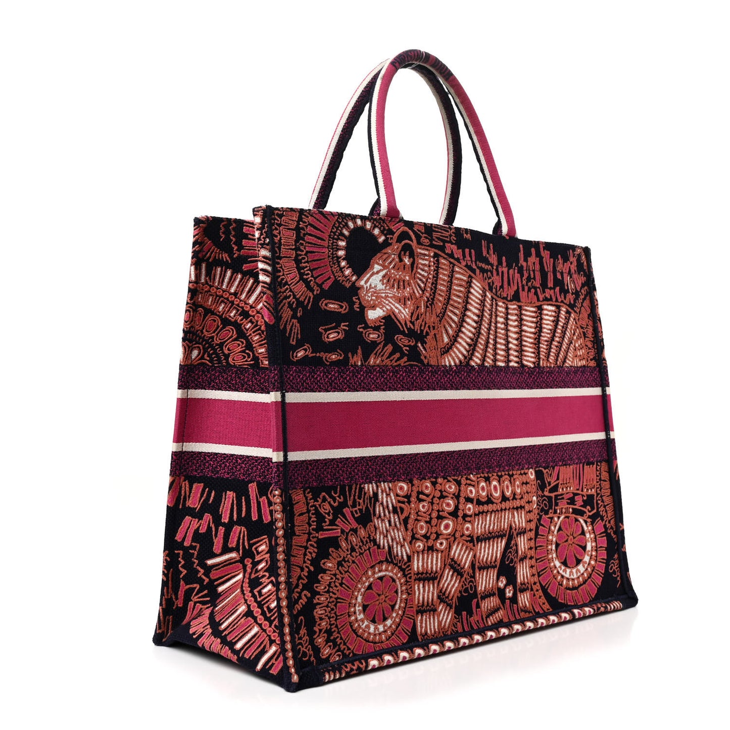 Canvas Embroidered Dior Animals Tiger Book Tote Deep Blue Fuchsia
